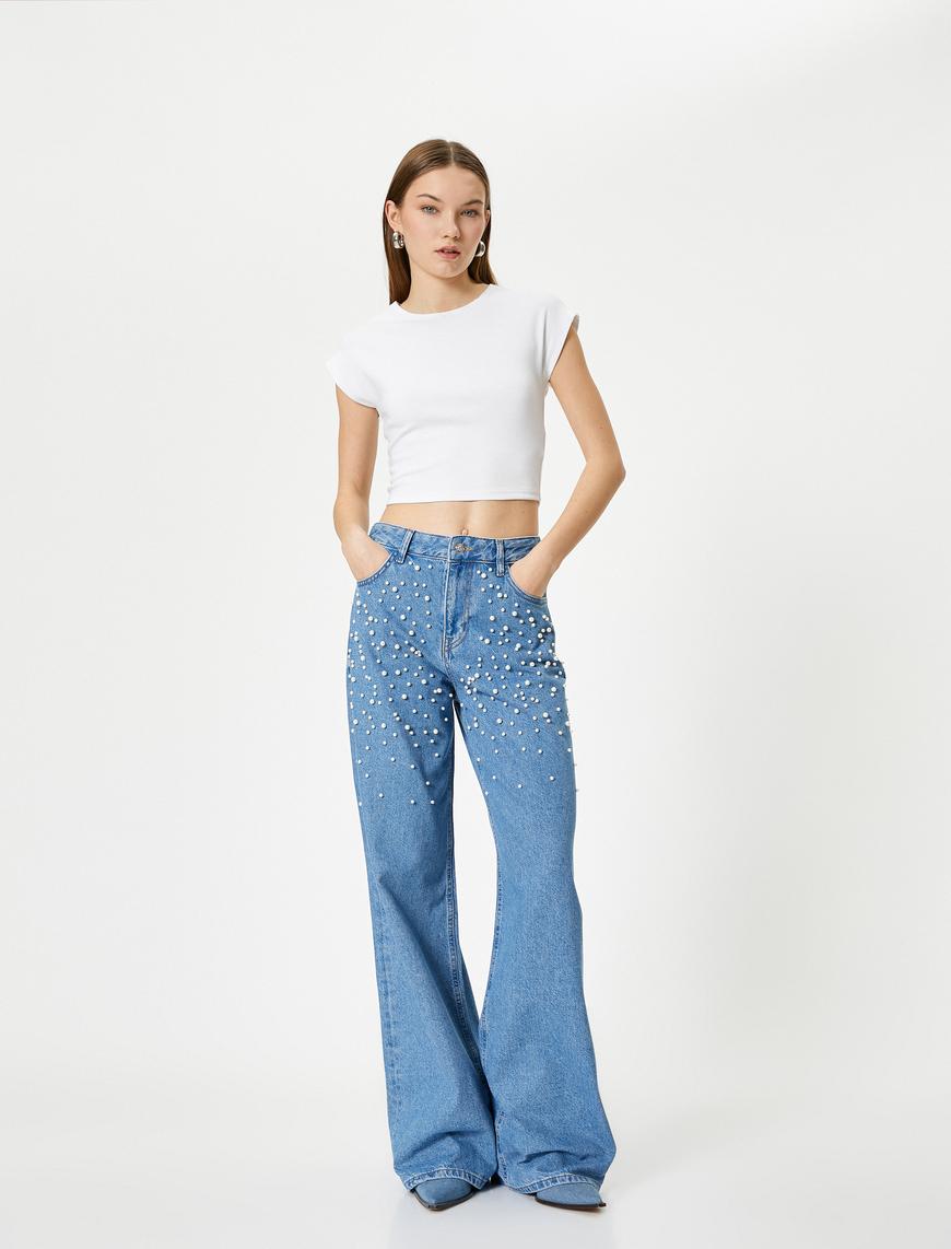   Taşlı Kot Pantolon Geniş Paça Cepli Standart Bel - Bianca Wide Leg Jeans