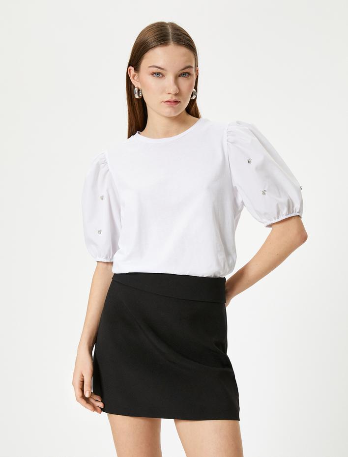  Taşlı Balon Kol Tişört Yuvarlak Yaka