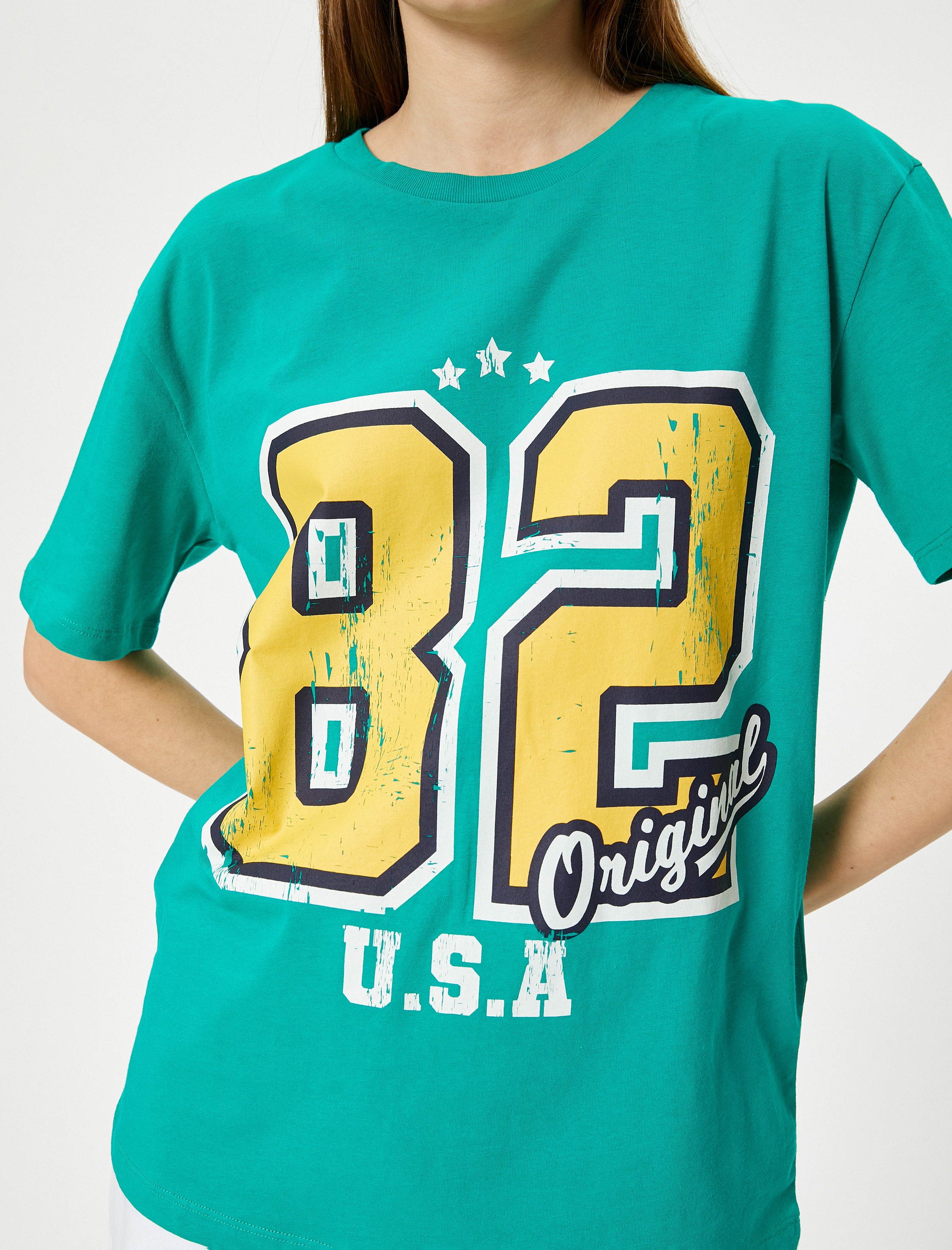   Baskılı Tişört Rahat Kalıp Kısa Kollu Bisiklet Yaka Pamuklu