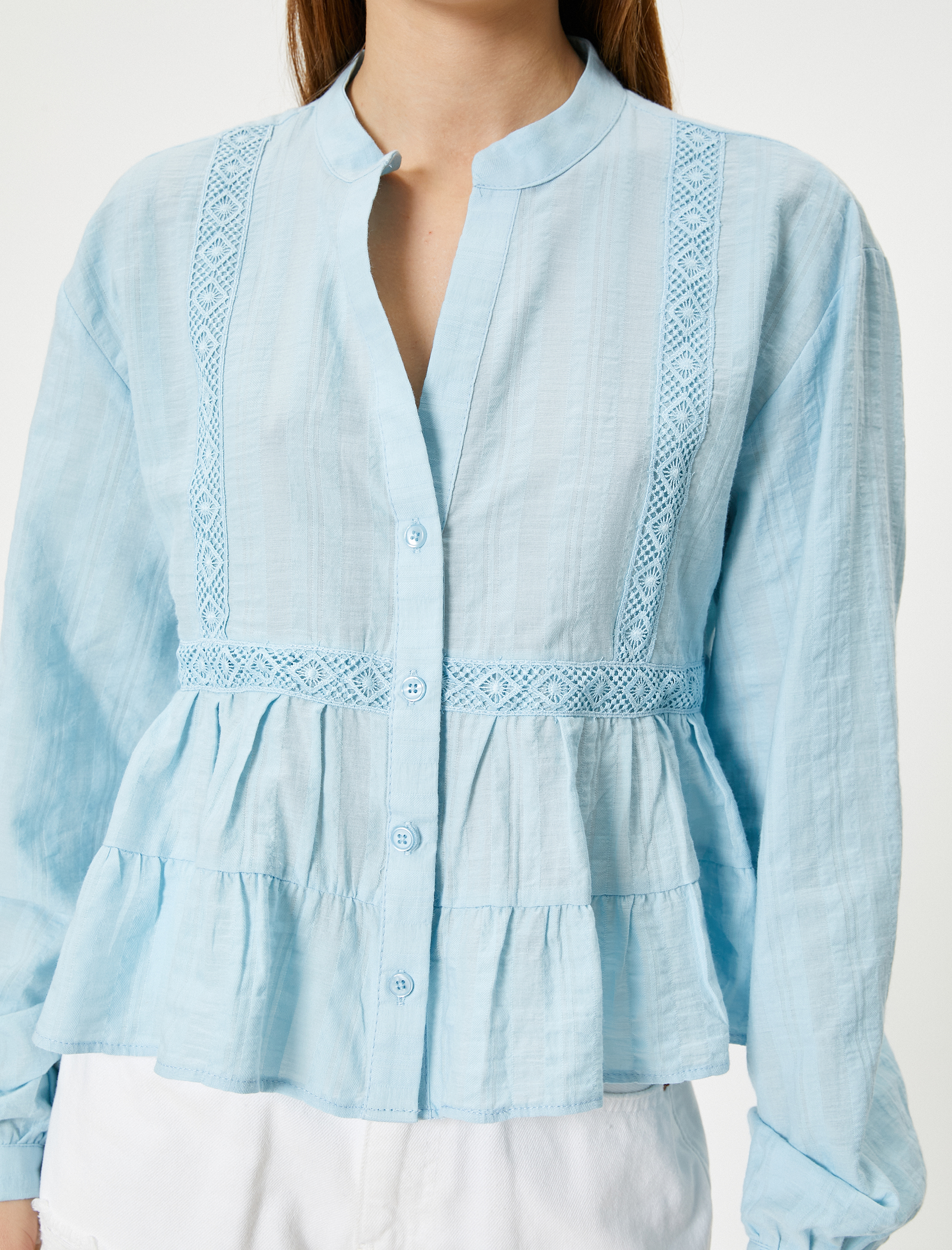   Fırfırlı Bluz Uzun Kollu Fistolu Dik Yaka Düğmeli Pamuklu