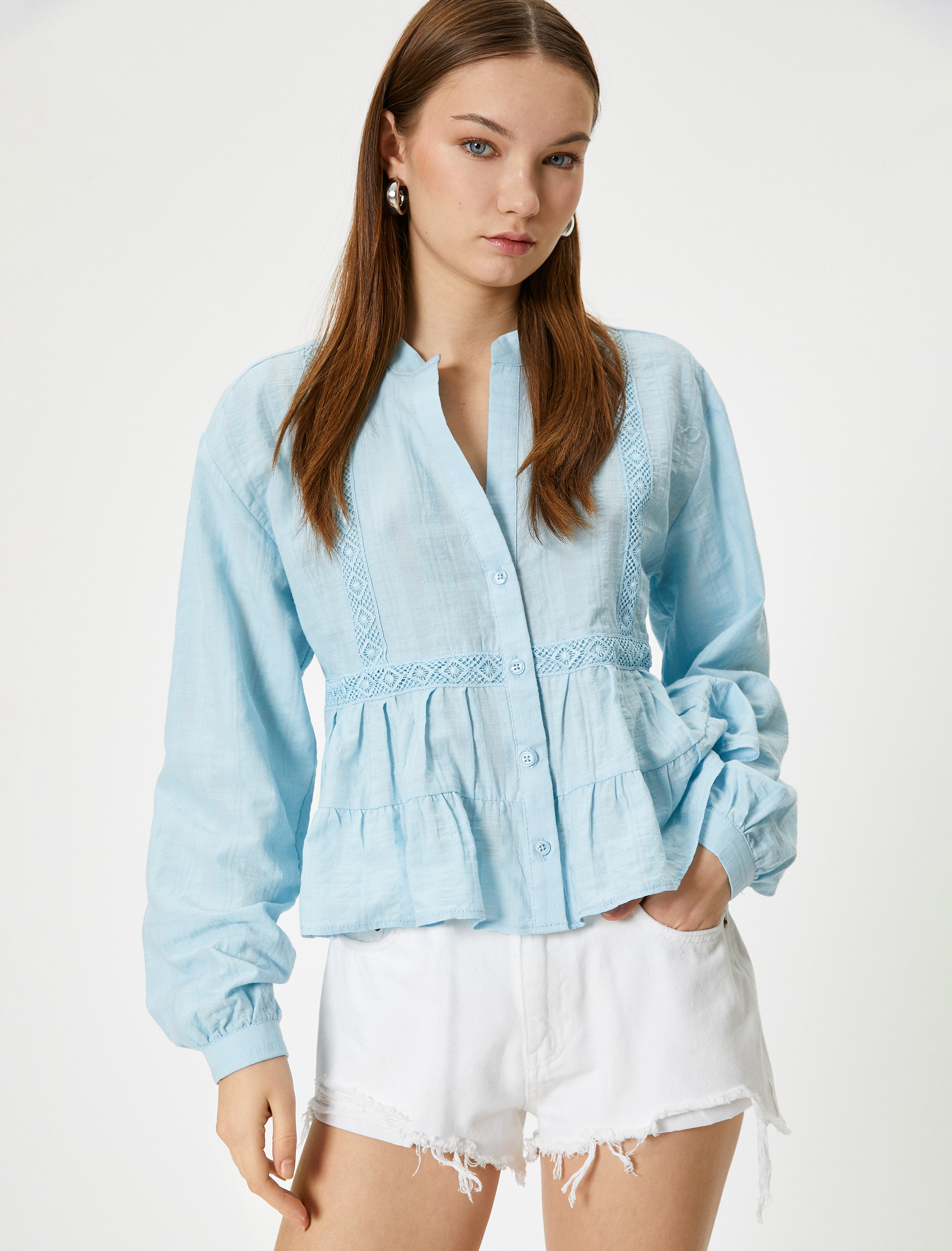   Fırfırlı Bluz Uzun Kollu Fistolu Dik Yaka Düğmeli Pamuklu