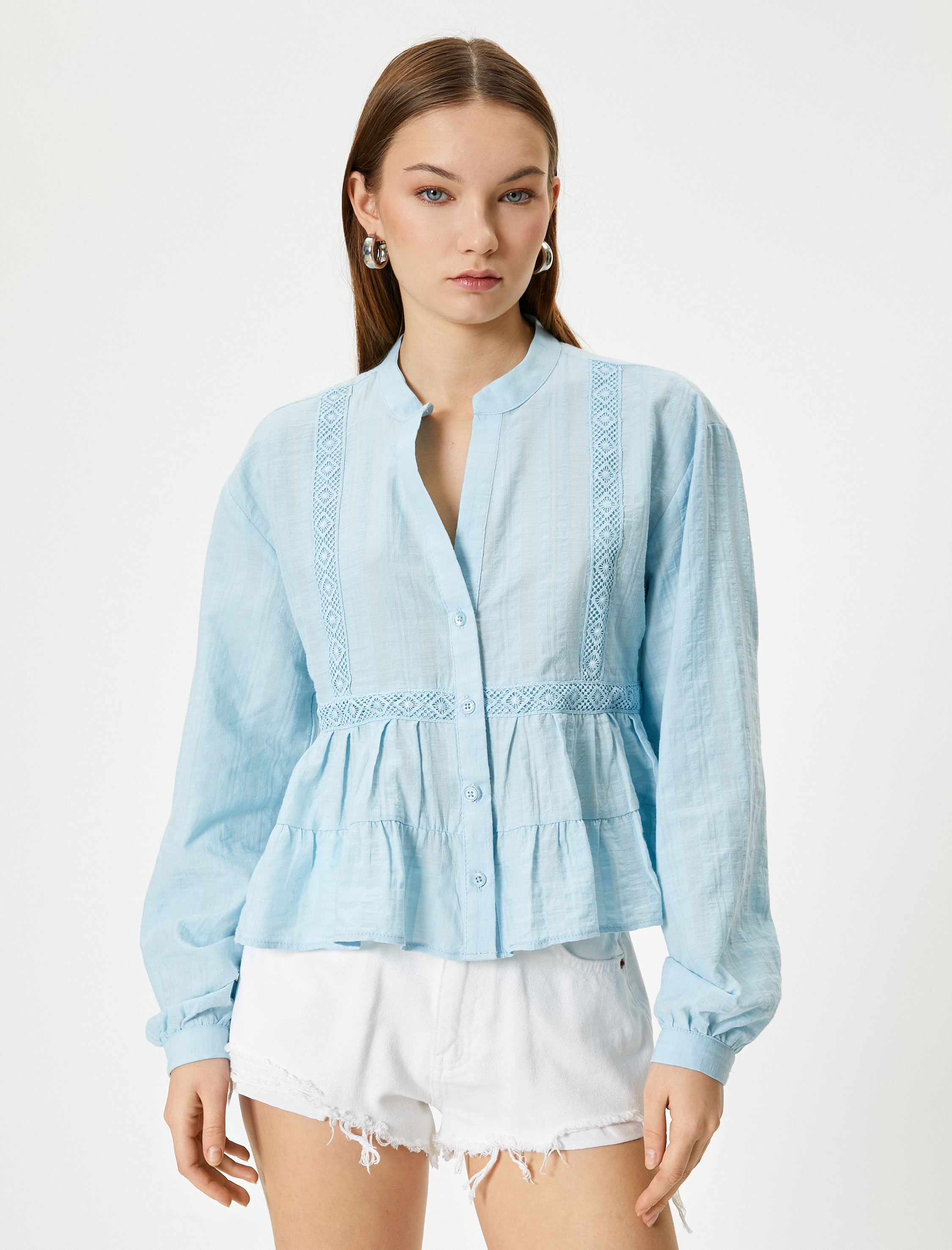   Fırfırlı Bluz Uzun Kollu Fistolu Dik Yaka Düğmeli Pamuklu