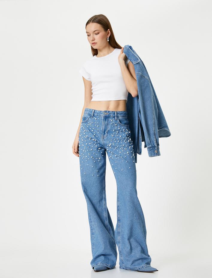  Taşlı Kot Pantolon Geniş Paça Cepli Standart Bel - Bianca Wide Leg Jeans