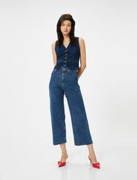 Geniş Kısa Paça Kot Pantolon Cepli Standart Bel - Sandra Culotte Jeans