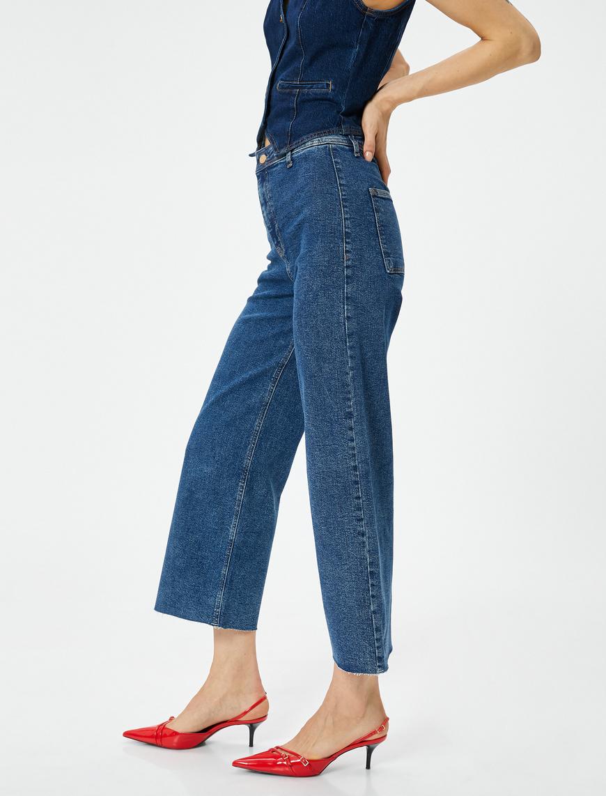   Geniş Kısa Paça Kot Pantolon Cepli Standart Bel - Sandra Culotte Jeans