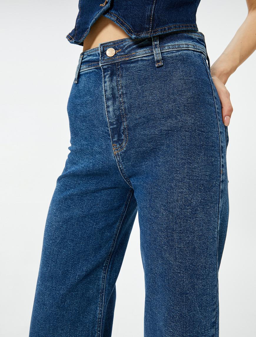   Geniş Kısa Paça Kot Pantolon Cepli Standart Bel - Sandra Culotte Jeans