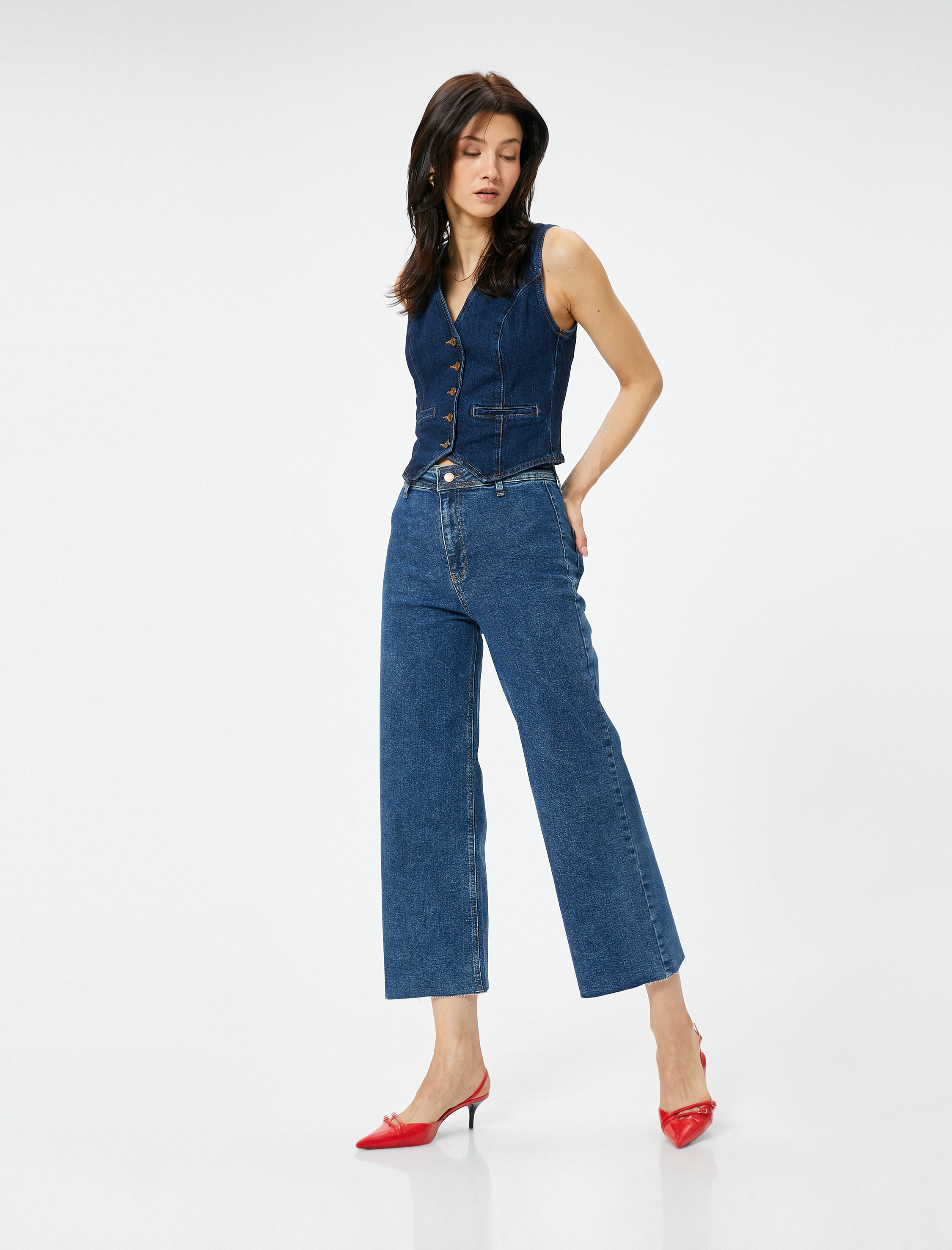   Geniş Kısa Paça Kot Pantolon Cepli Standart Bel - Sandra Culotte Jeans