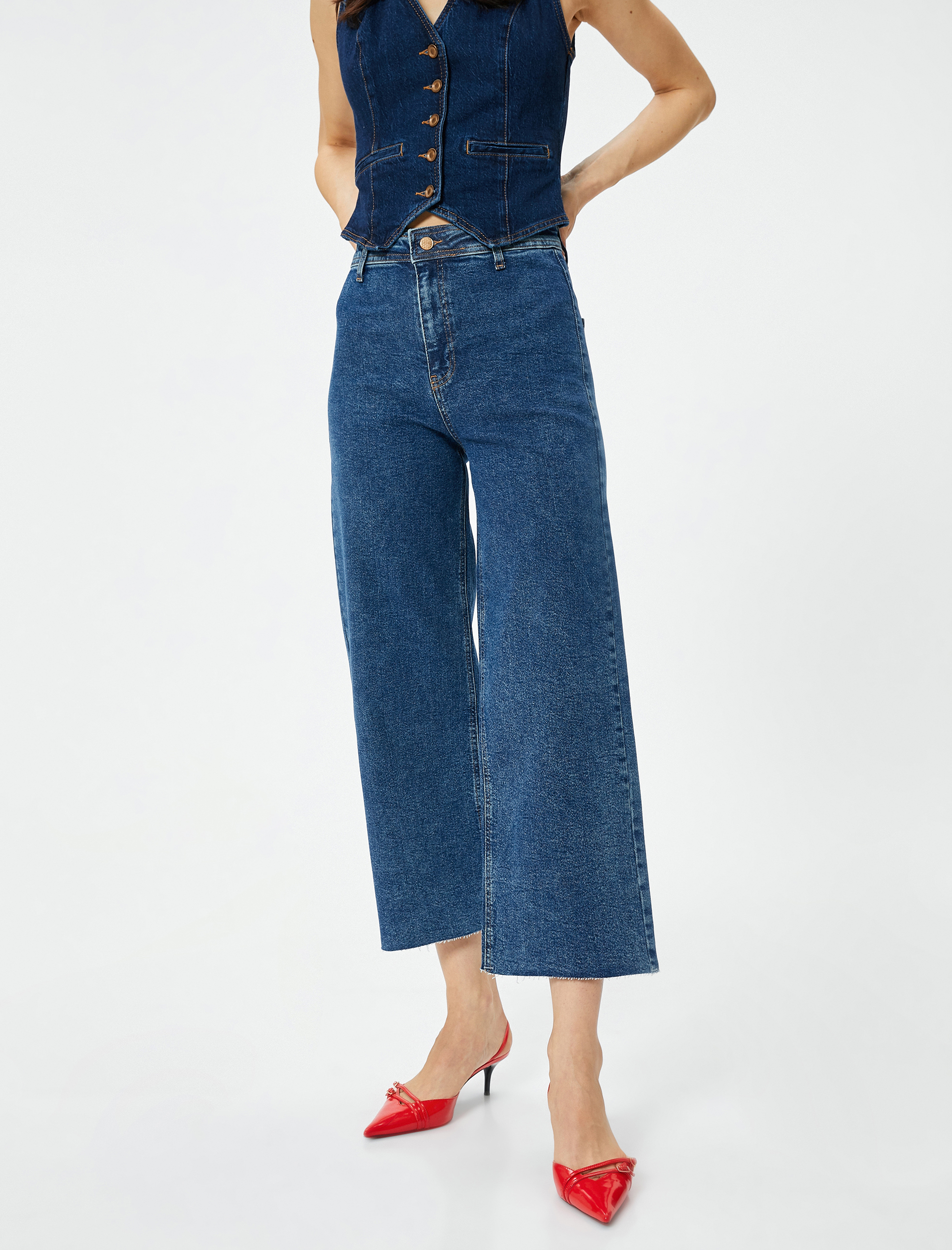  Geniş Kısa Paça Kot Pantolon Cepli Standart Bel - Sandra Culotte Jeans