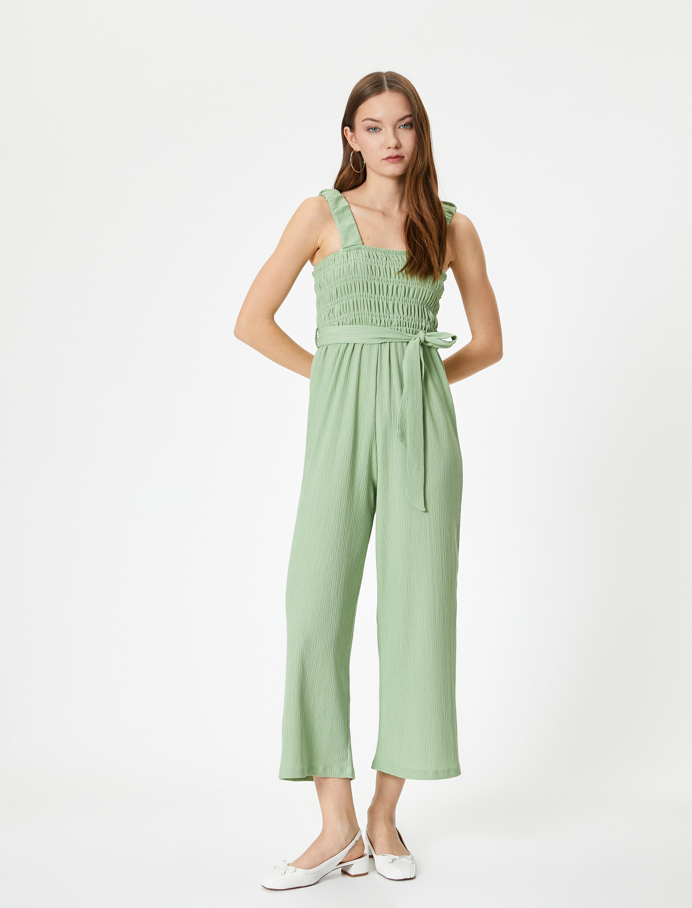   Kalın Askılı Tulum Kemer Detaylı Dokulu Düz Geniş Paça Gipeli Bürümcük