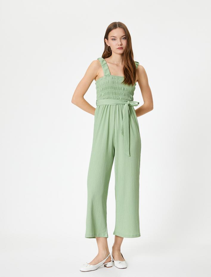  Kalın Askılı Tulum Kemer Detaylı Dokulu Düz Geniş Paça Gipeli Bürümcük