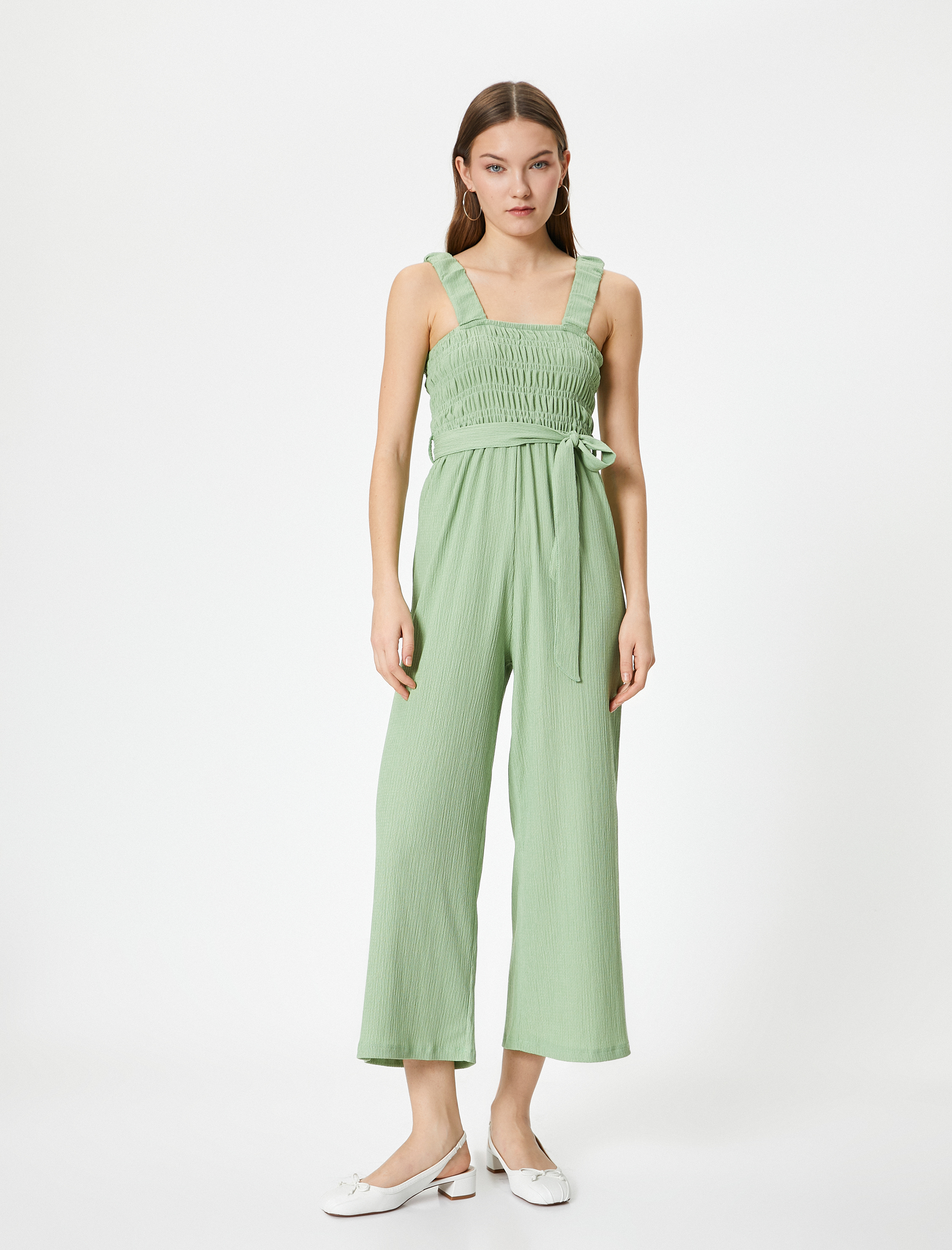   Kalın Askılı Tulum Kemer Detaylı Dokulu Düz Geniş Paça Gipeli Bürümcük