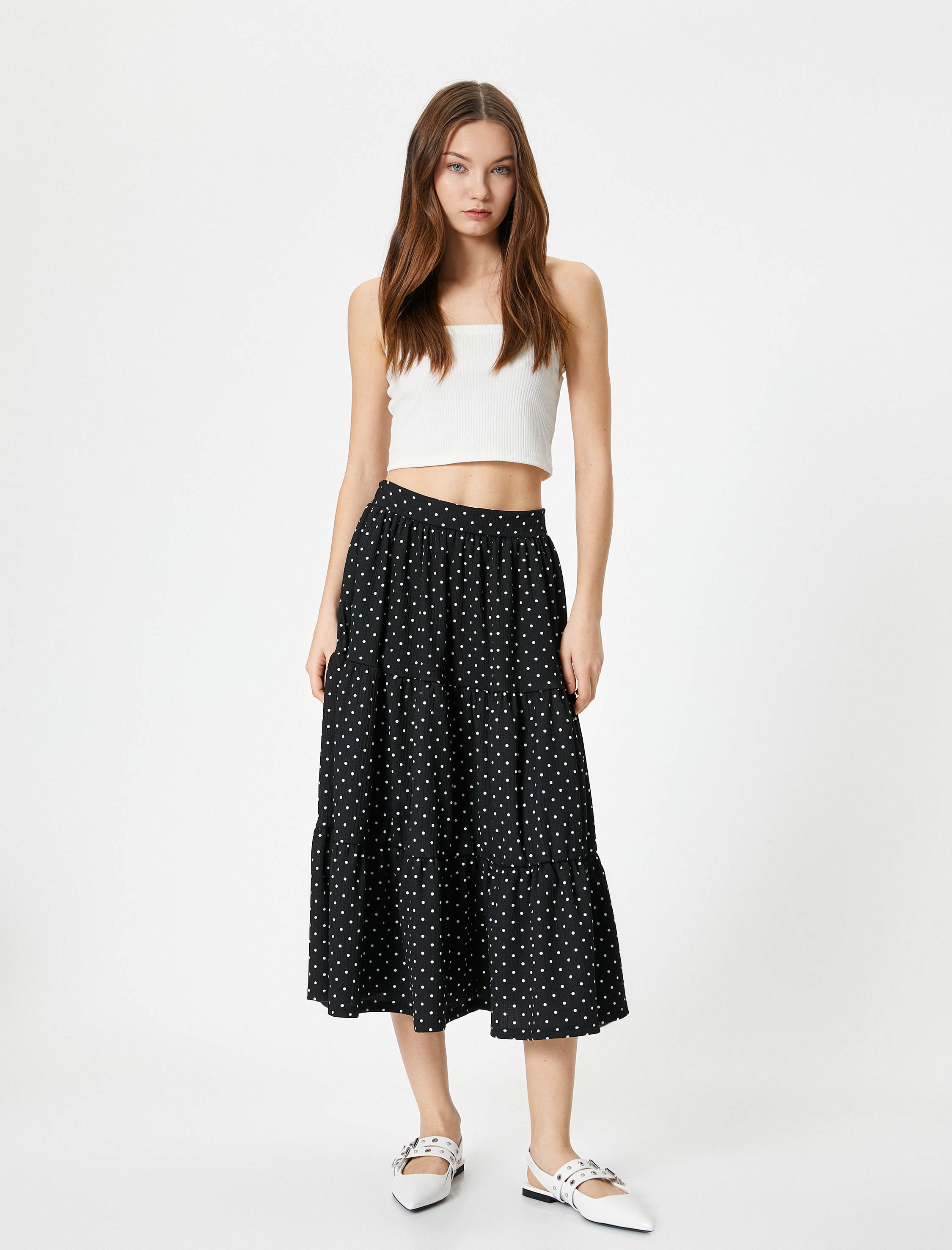   Midi Puantiyeli Etek Katlı Yüksek Bel Rahat Kalıp Bürümcük