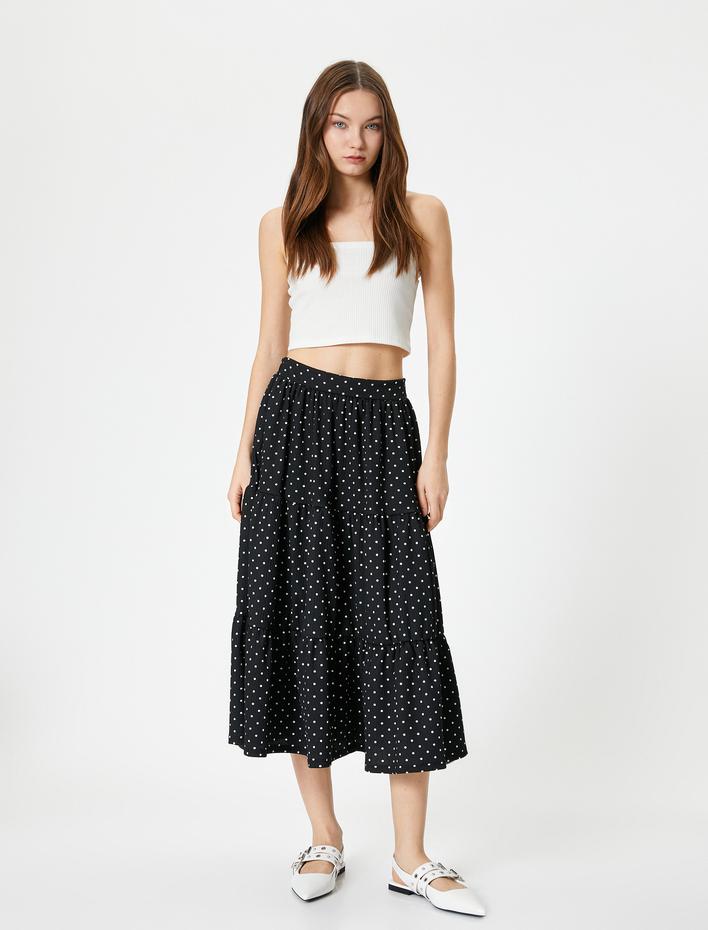  Midi Puantiyeli Etek Katlı Yüksek Bel Rahat Kalıp Bürümcük