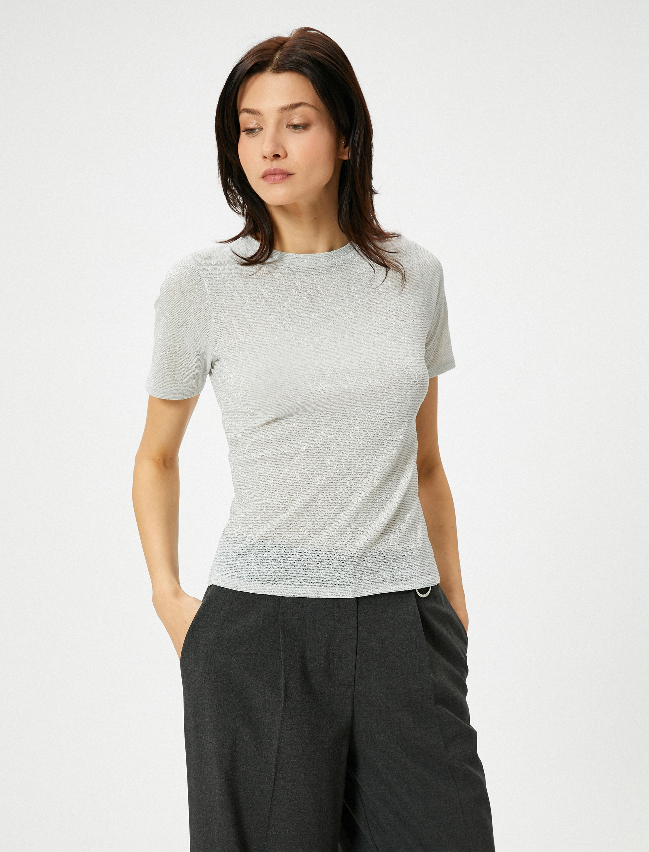   Ajurlu Tişört Kısa Kollu Bisiklet Yaka Slim Fit