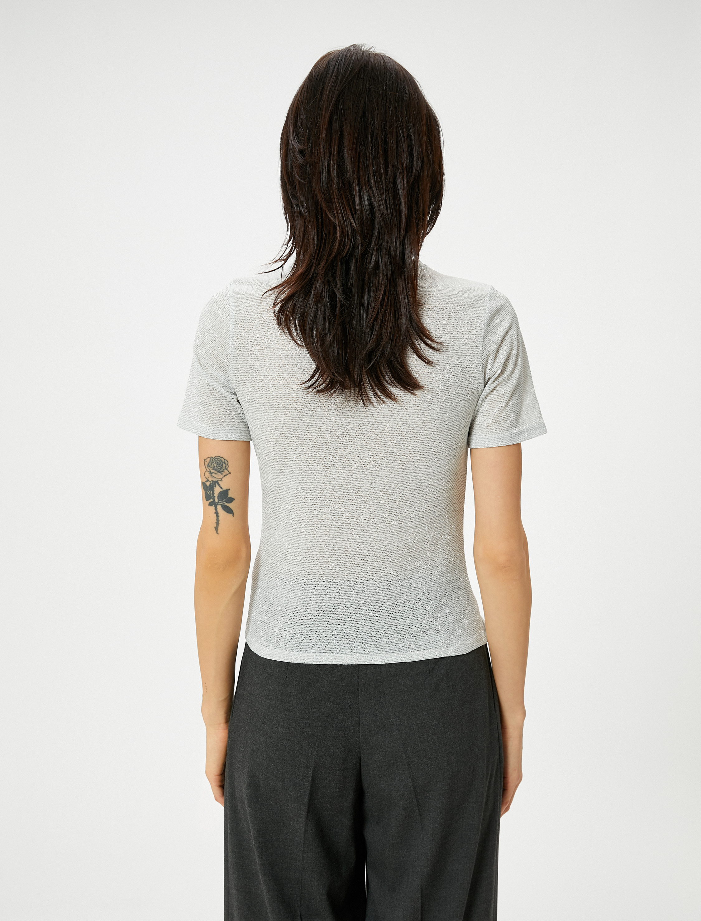   Ajurlu Tişört Kısa Kollu Bisiklet Yaka Slim Fit