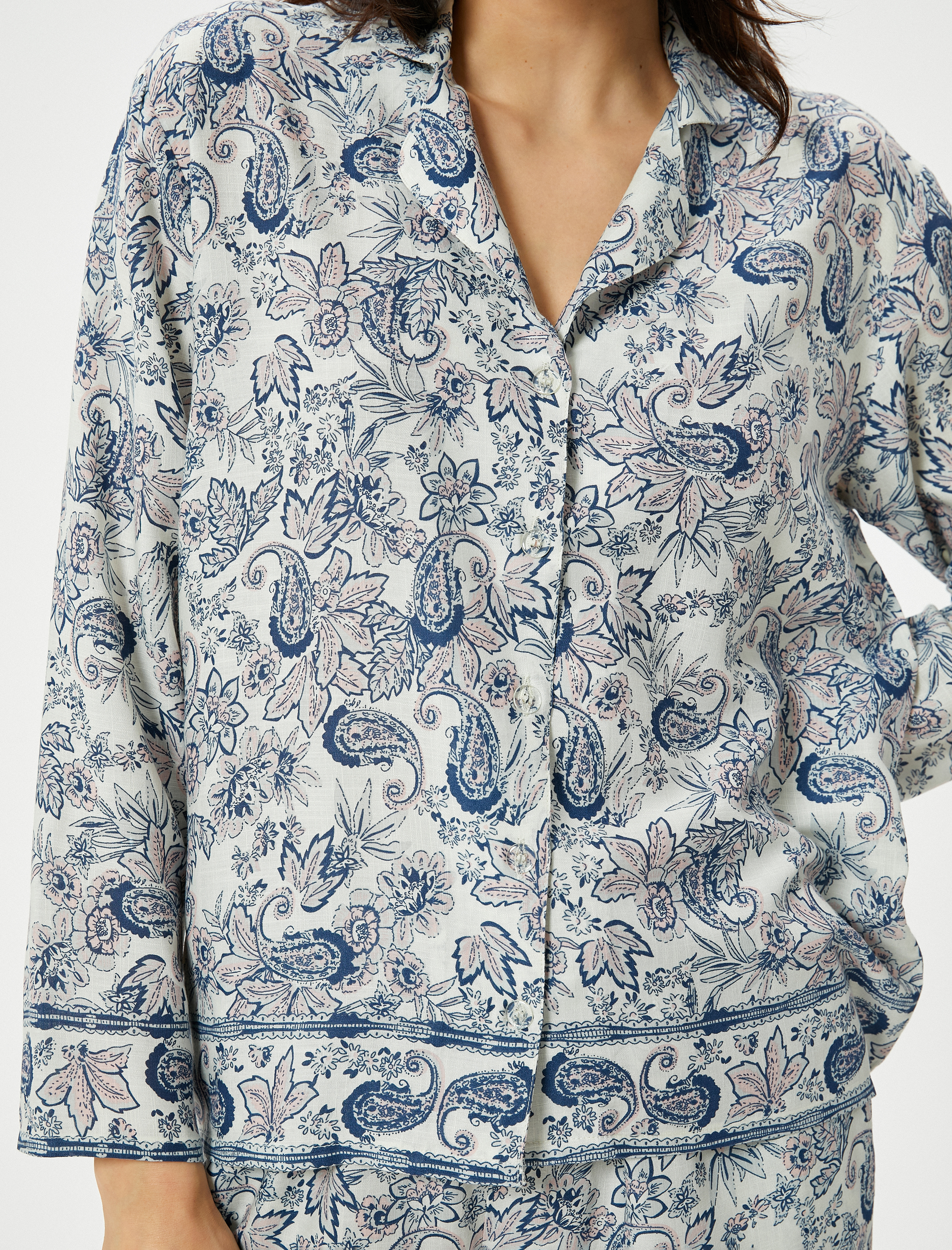 Düğmeli Pijama Üstü Uzun Kollu Desenli