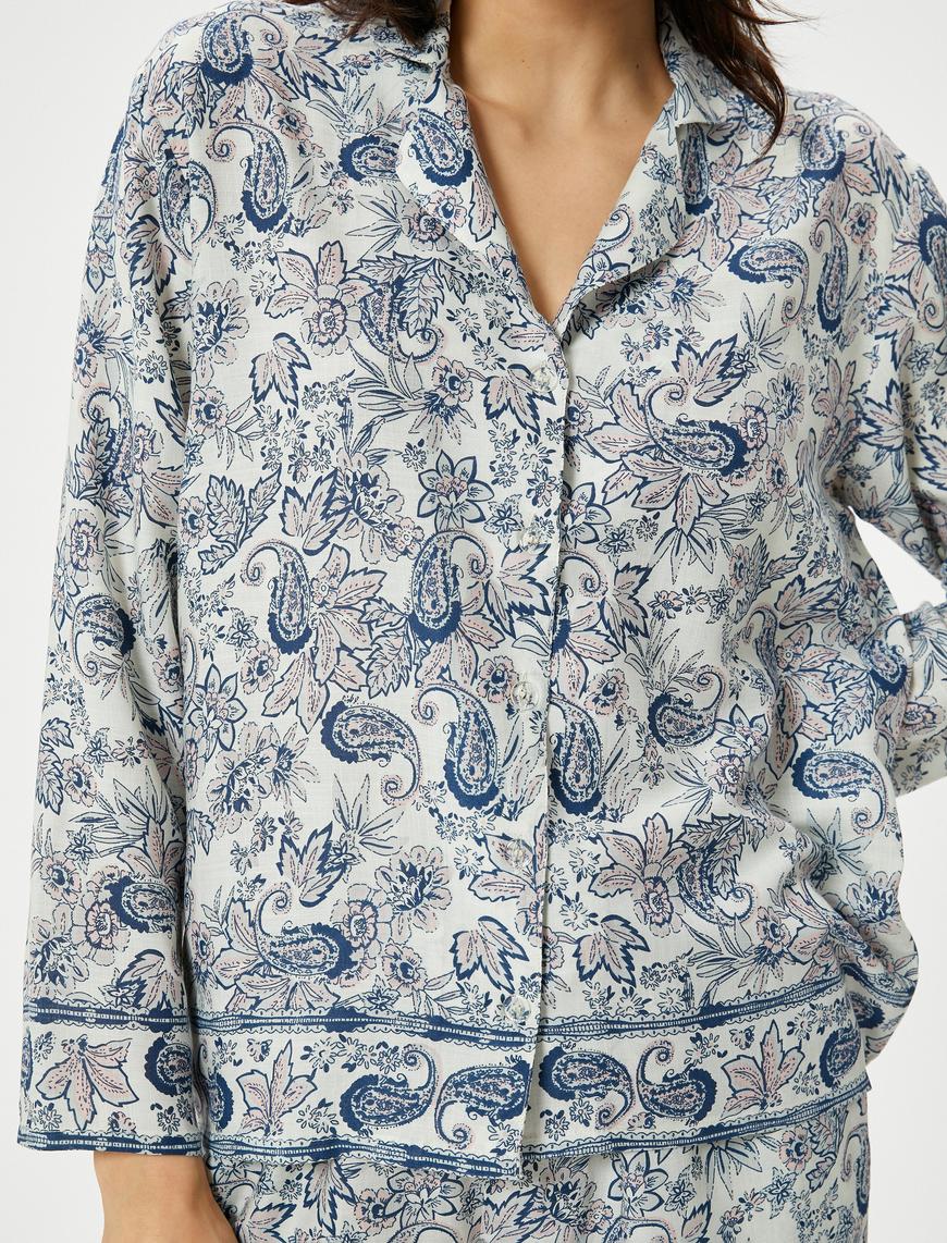   Düğmeli Pijama Üstü Uzun Kollu Desenli