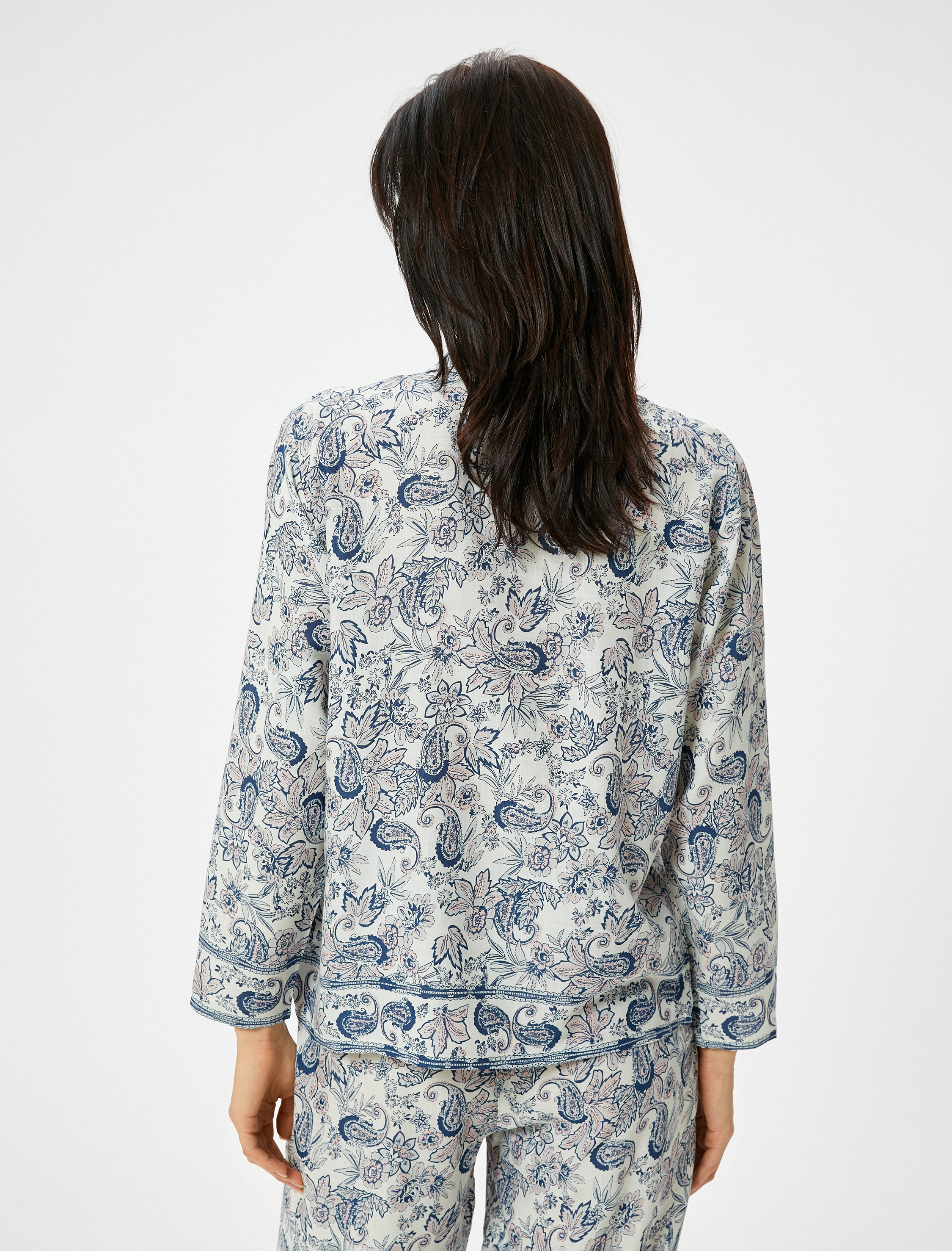 Düğmeli Pijama Üstü Uzun Kollu Desenli