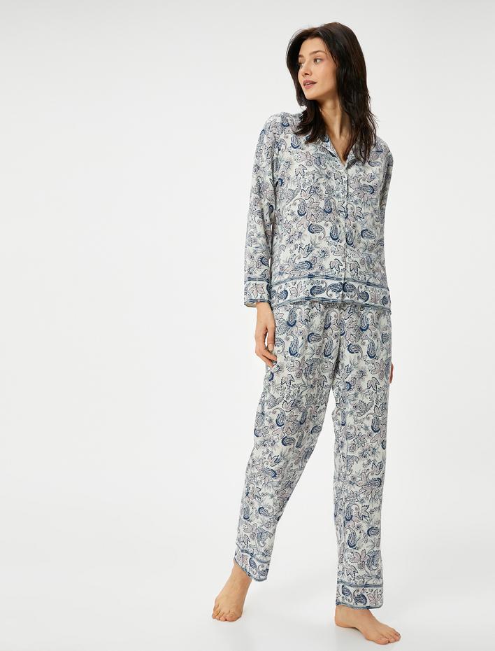  Düğmeli Pijama Üstü Uzun Kollu Desenli