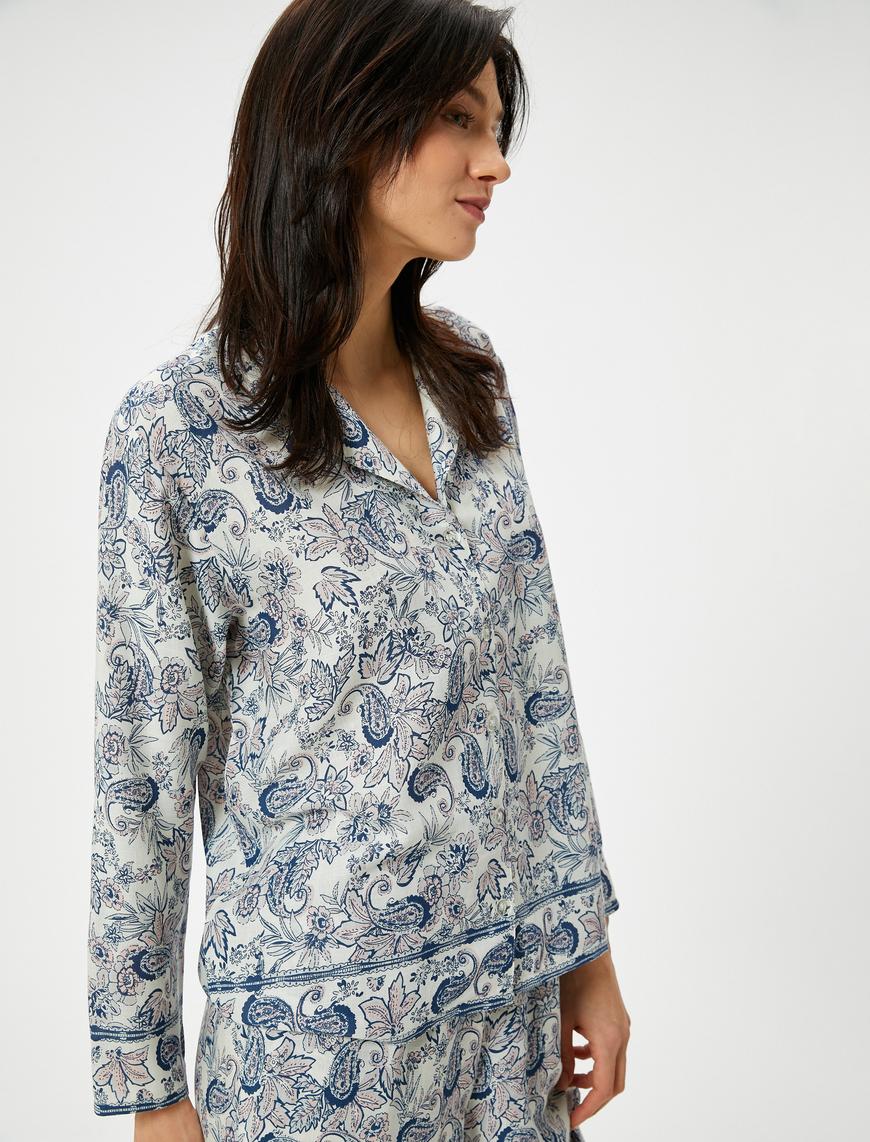   Düğmeli Pijama Üstü Uzun Kollu Desenli