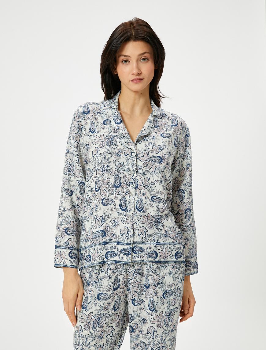   Düğmeli Pijama Üstü Uzun Kollu Desenli