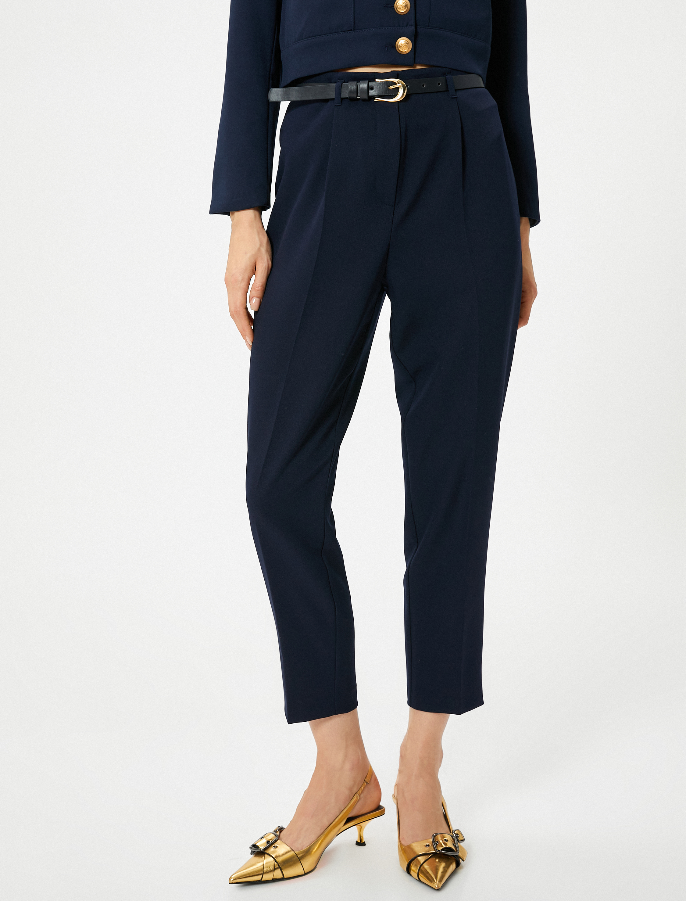   Kumaş Cigarette Pantolon Yüksek Bel Kemerli Pileli