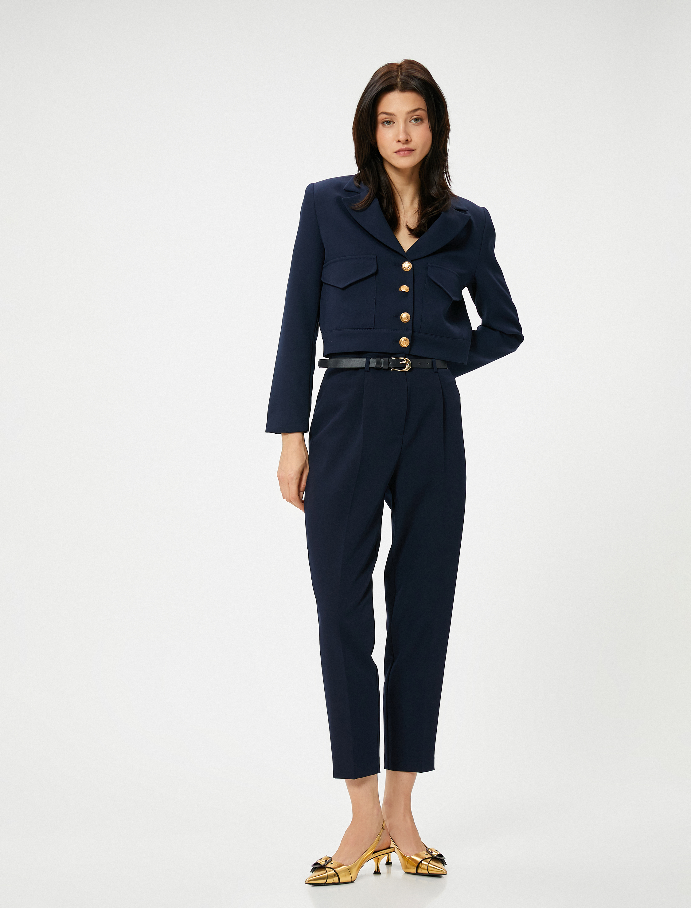   Kumaş Cigarette Pantolon Yüksek Bel Kemerli Pileli