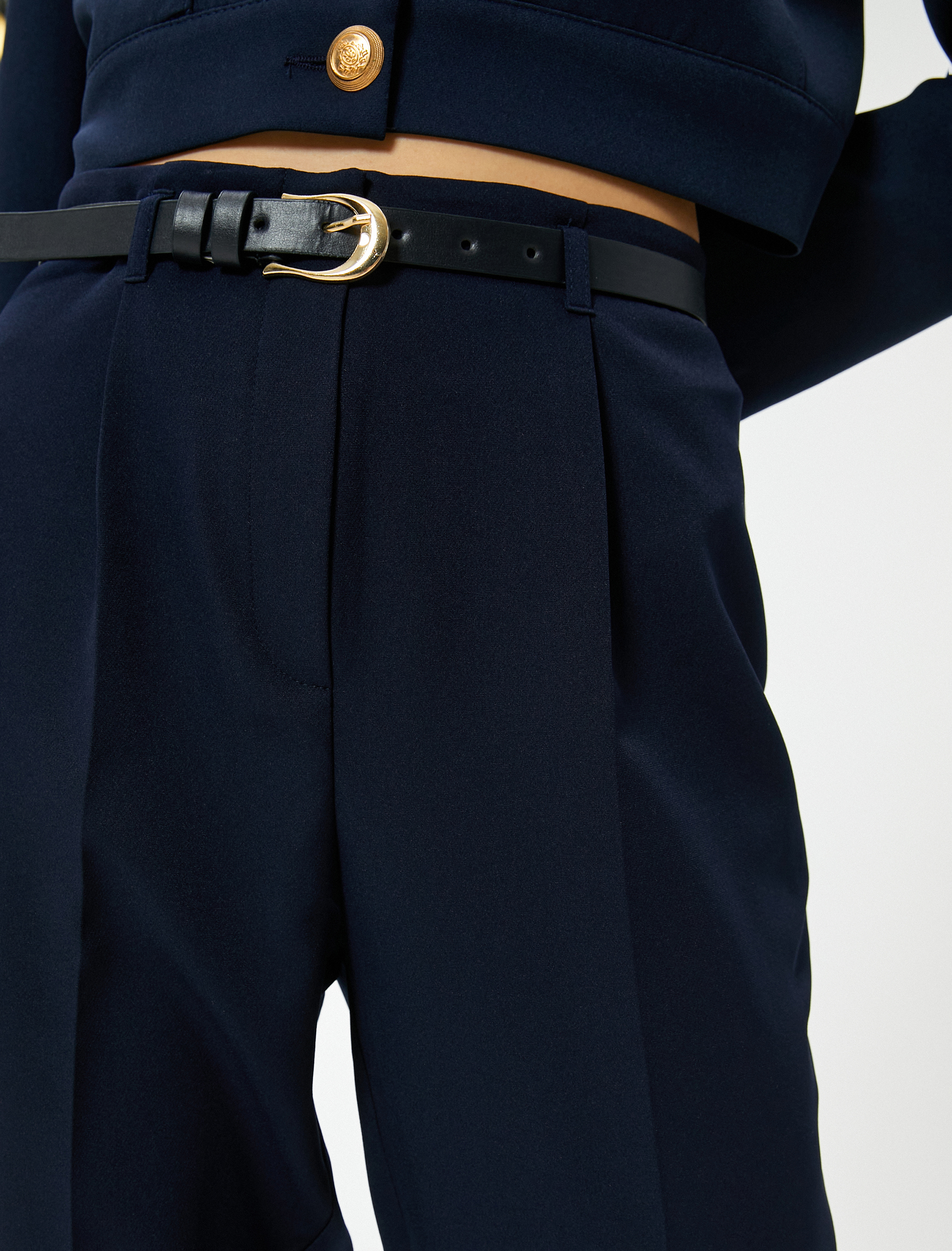   Kumaş Cigarette Pantolon Yüksek Bel Kemerli Pileli