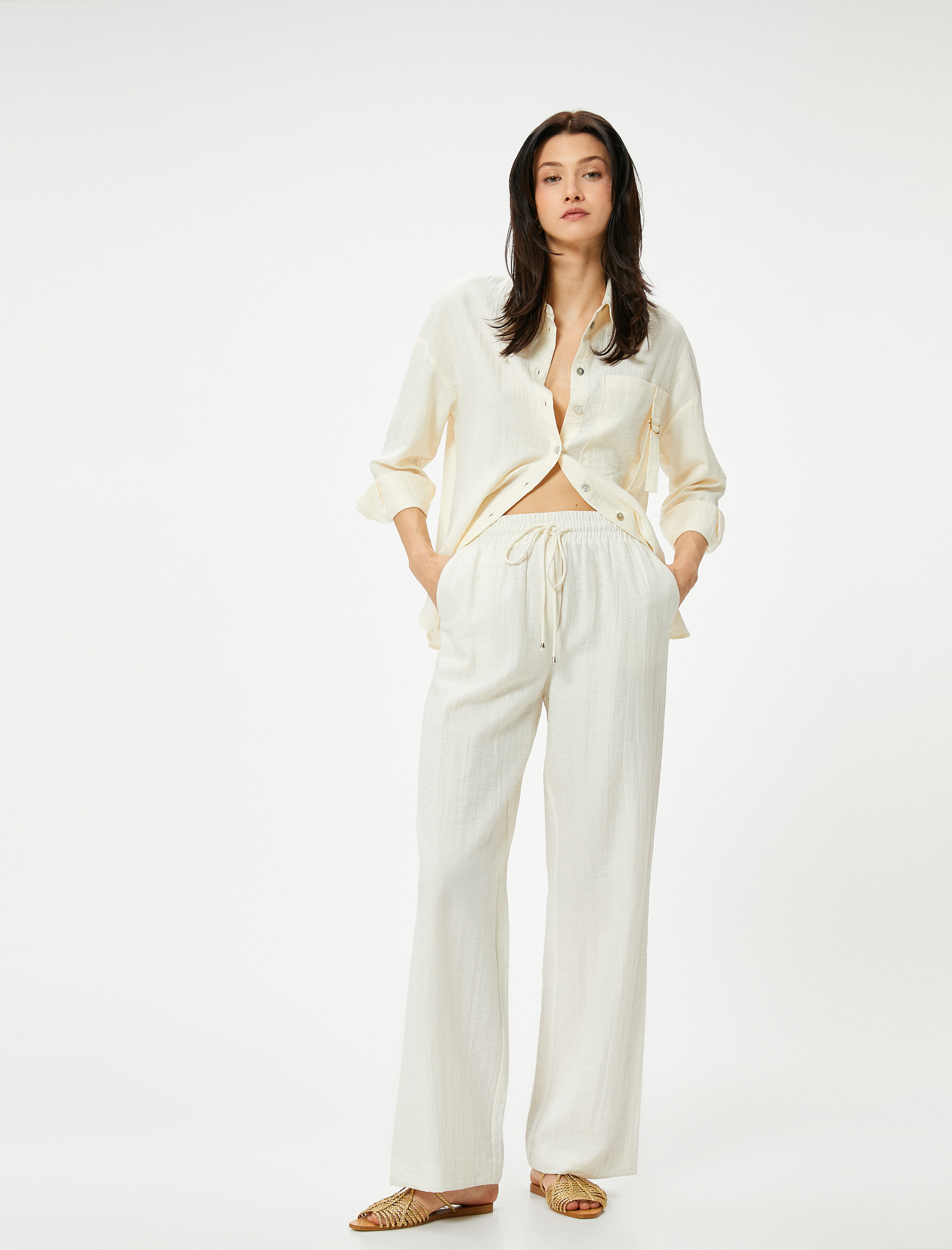   Beli Bağcıklı Pantolon Düz Paça Cepli Standart Kesim