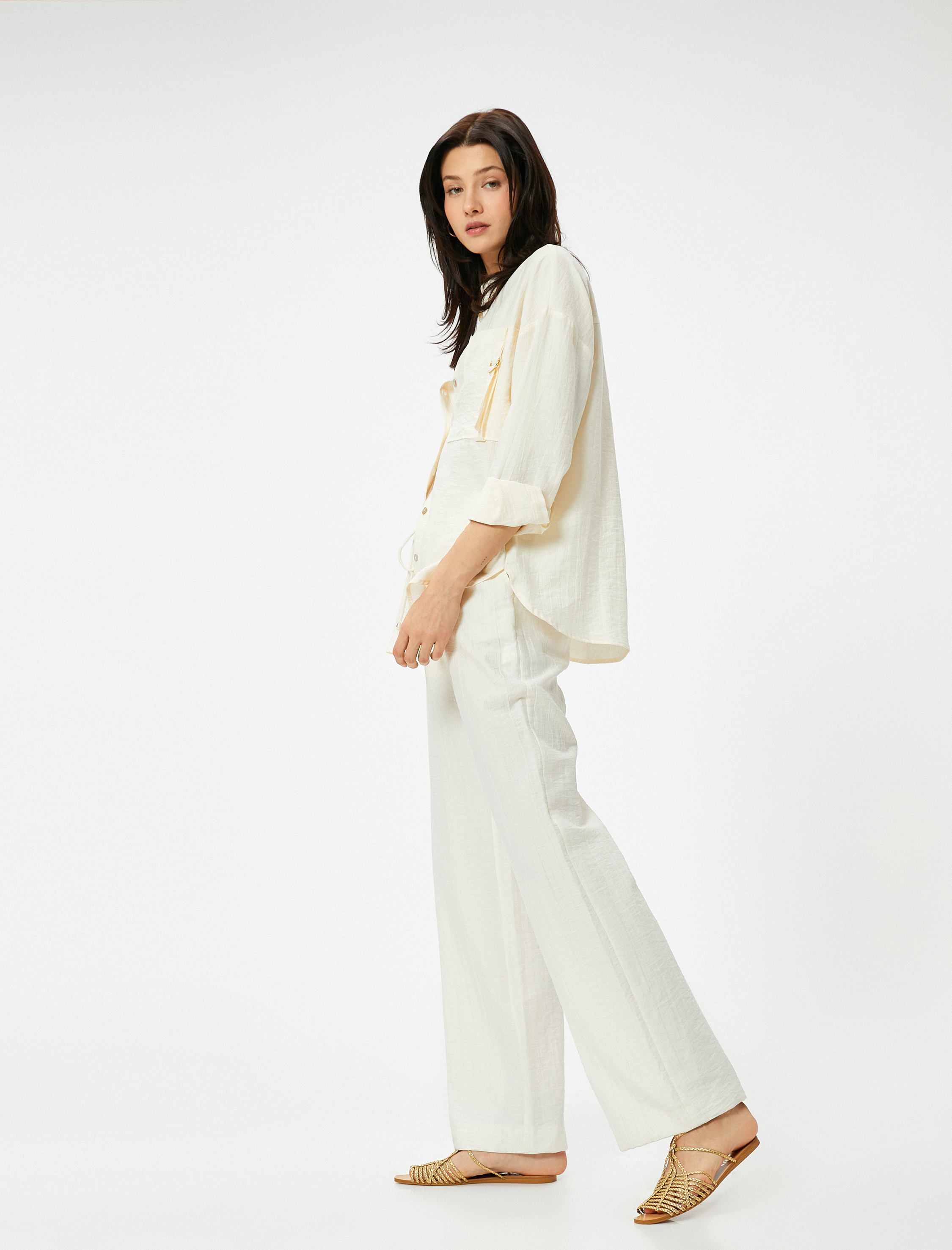   Beli Bağcıklı Pantolon Düz Paça Cepli Standart Kesim