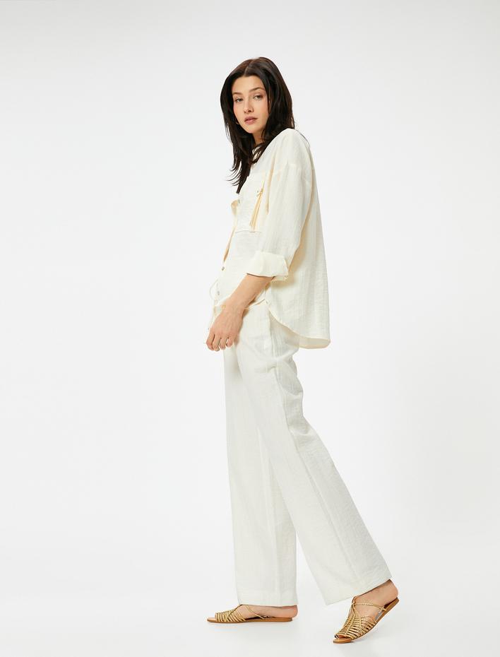  Beli Bağcıklı Pantolon Düz Paça Cepli Standart Kesim