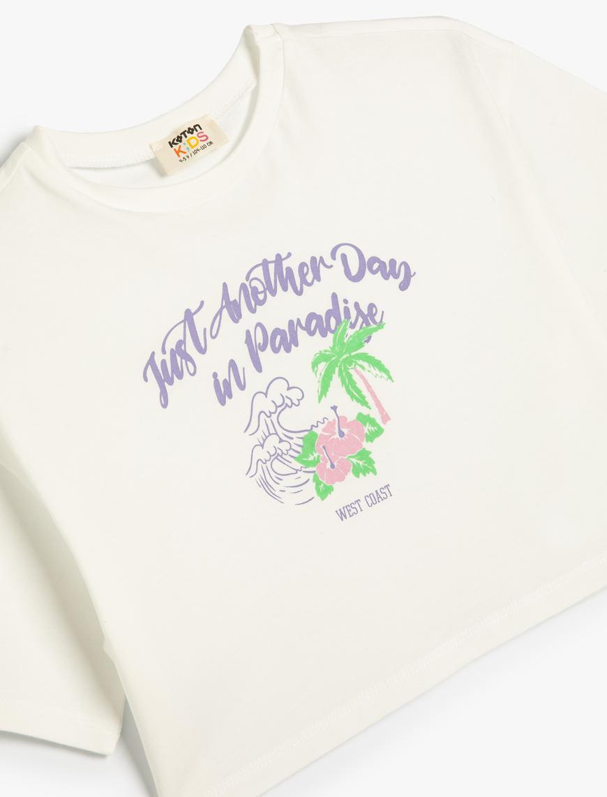  Kız Çocuk Crop Tişört Yaz Temalı Slogan Baskılı Kısa Kollu Pamuklu
