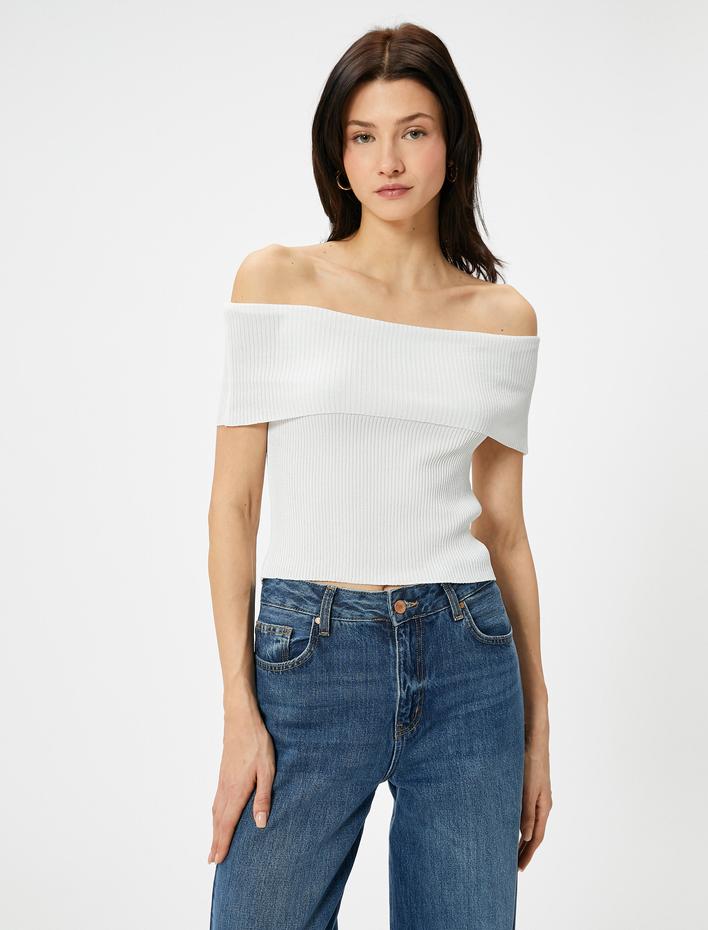  Madonna Yaka Omzu Açık Kazak Triko Fitilli Kısa Kollu