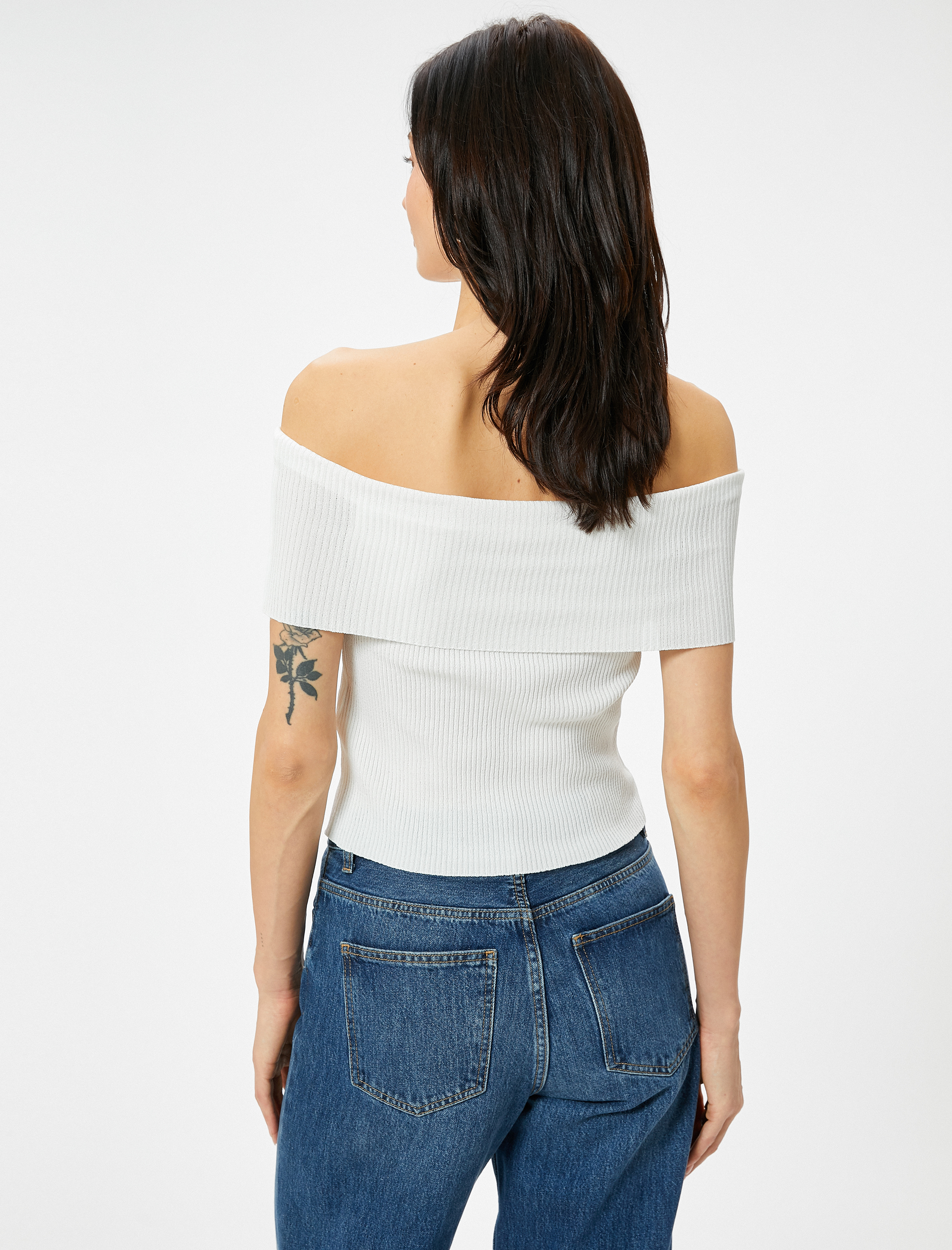   Madonna Yaka Omzu Açık Kazak Triko Fitilli Kısa Kollu