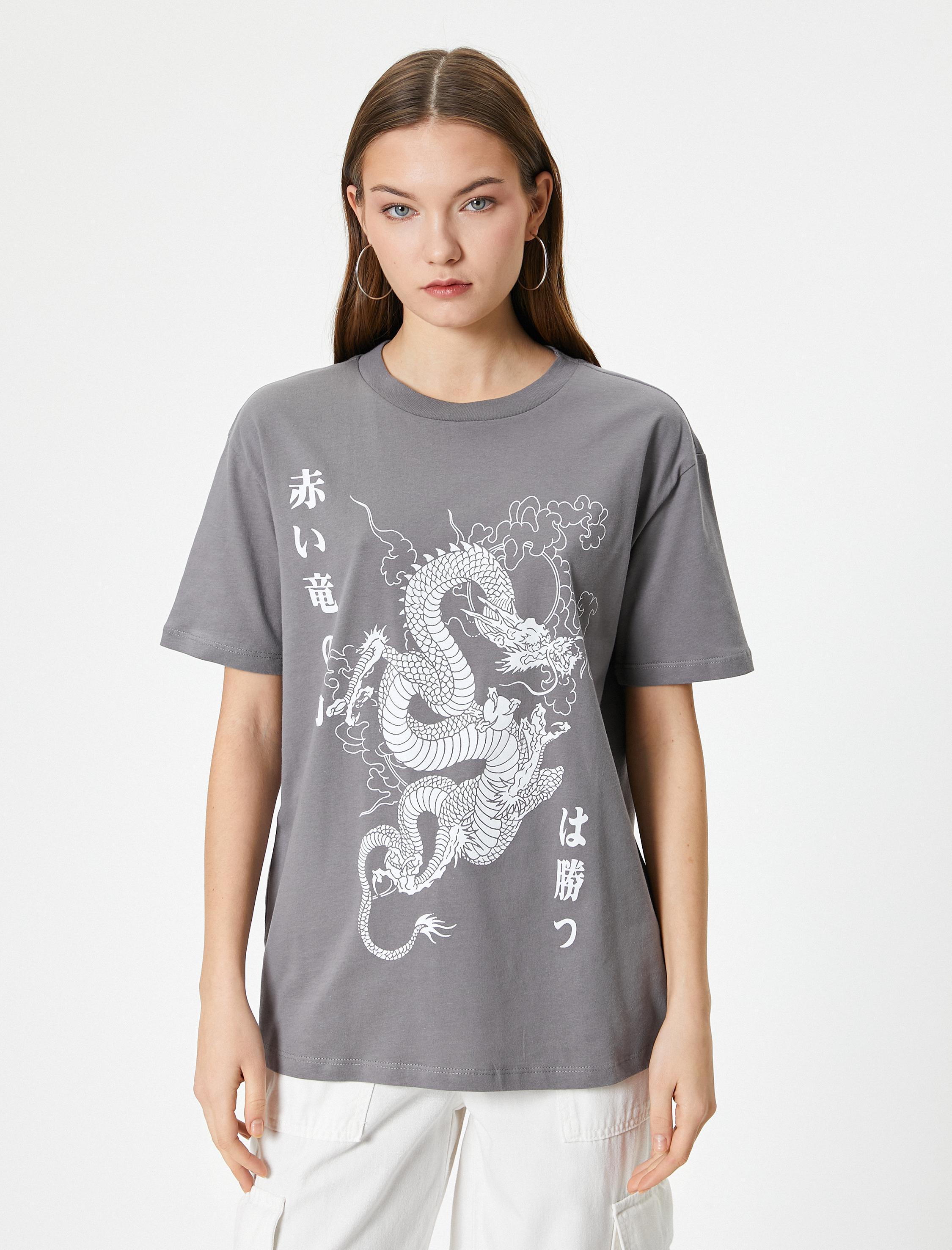   Ejderha Baskılı Tişört Rahat Kalıp Kısa Kollu Bisiklet Yaka