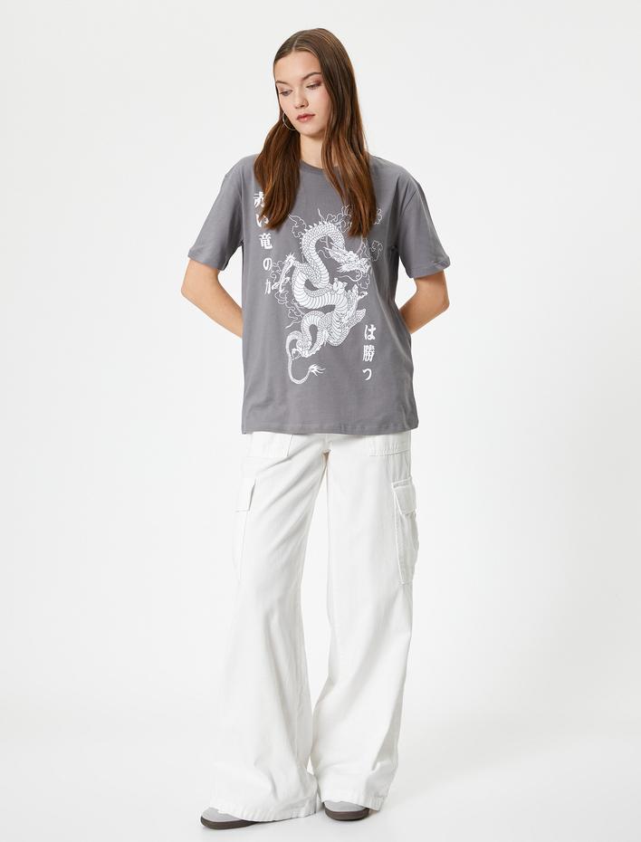  Ejderha Baskılı Tişört Rahat Kalıp Kısa Kollu Bisiklet Yaka