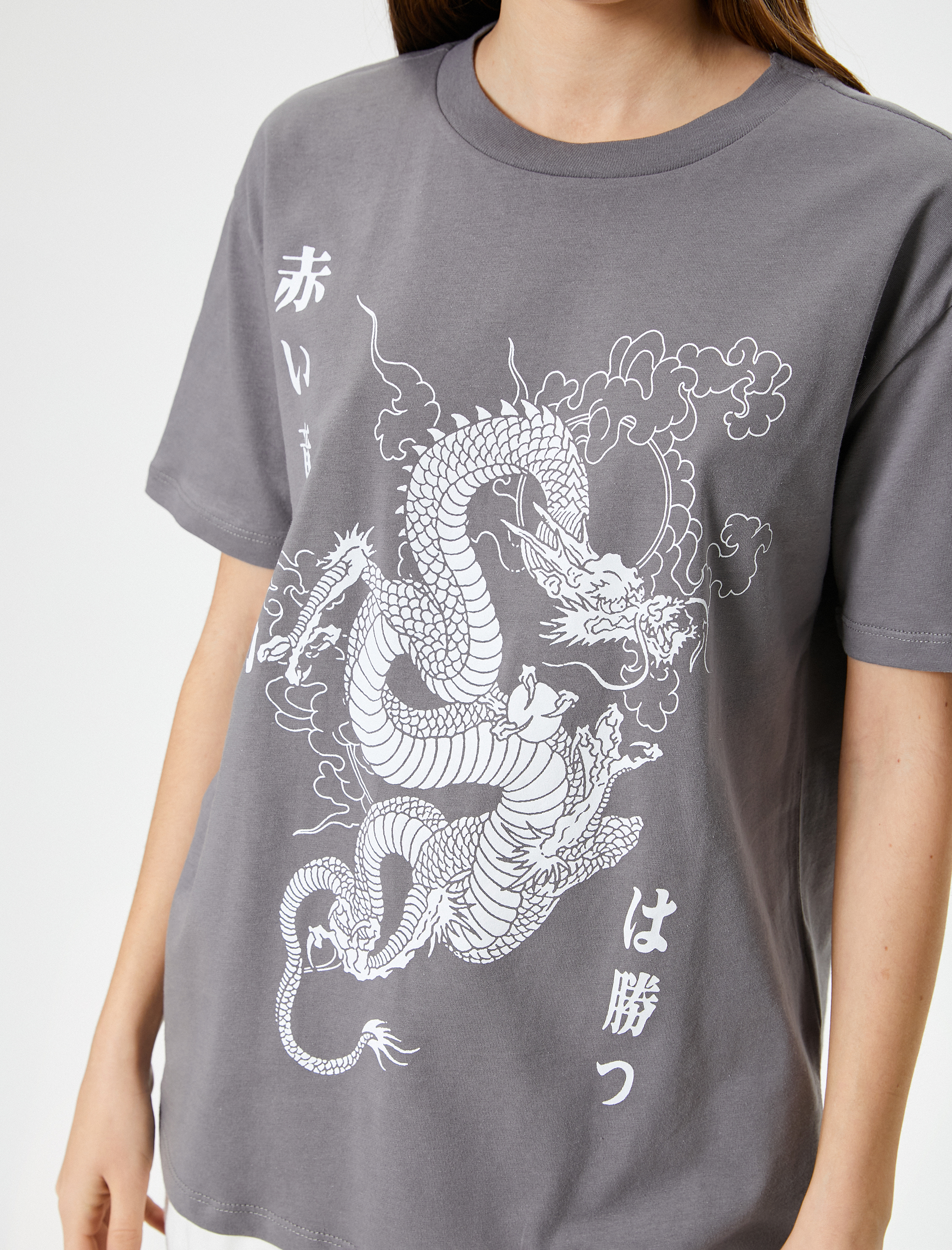   Ejderha Baskılı Tişört Rahat Kalıp Kısa Kollu Bisiklet Yaka