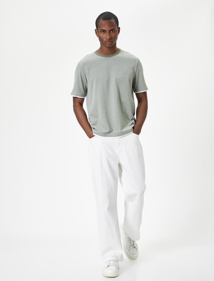  Basic Tişört Dokulu Bisiklet Yaka Kumaş Detaylı Kısa Kollu