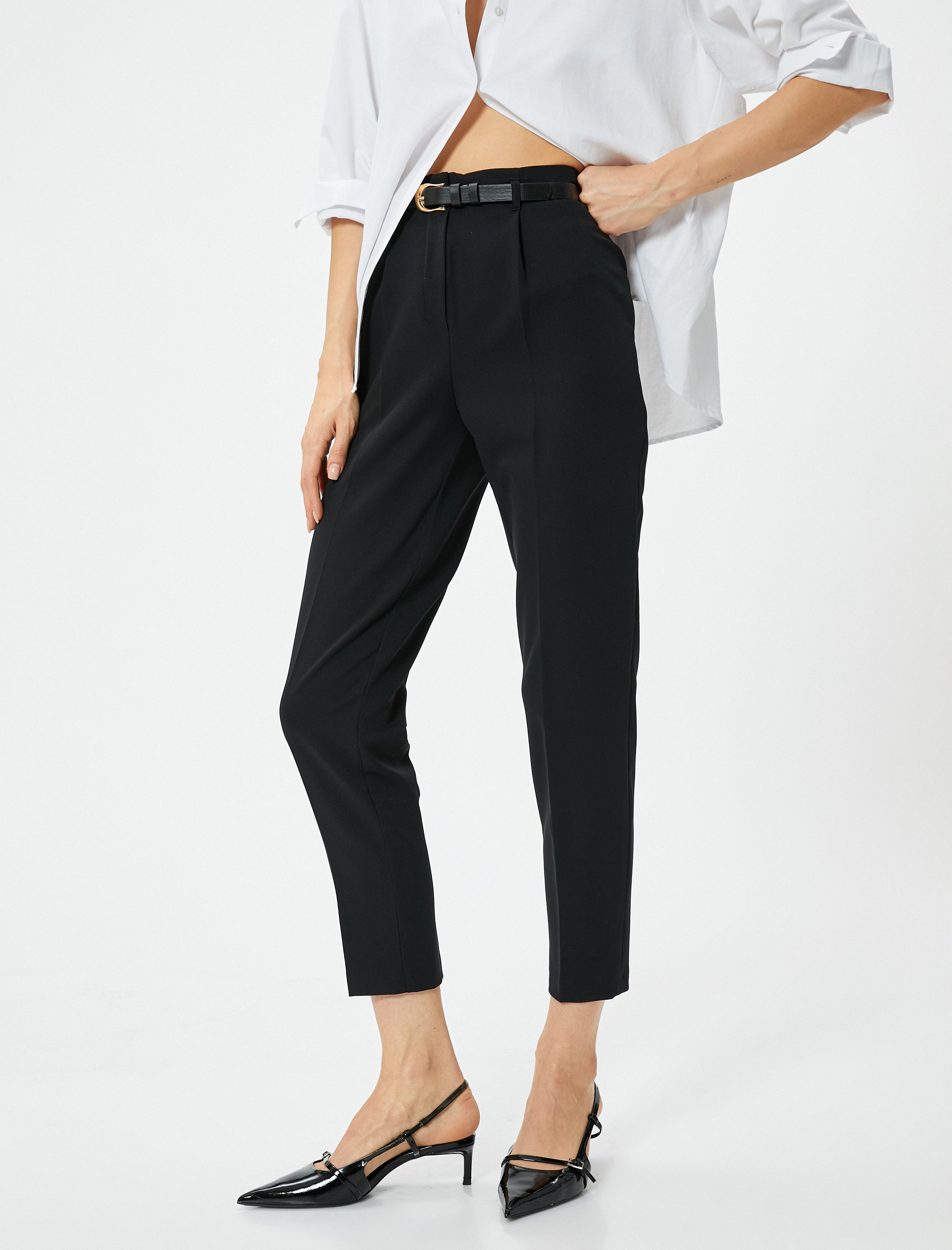   Kumaş Cigarette Pantolon Yüksek Bel Kemerli Pileli