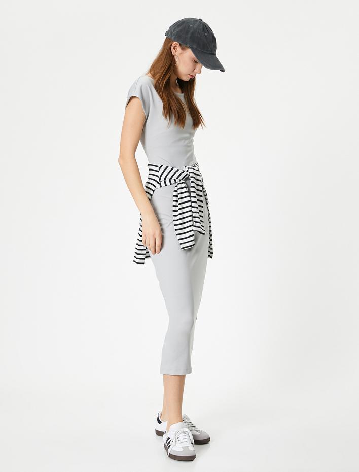  Kalem Elbise Midi Boy Slim Fit Kısa Kollu Kayık Yaka