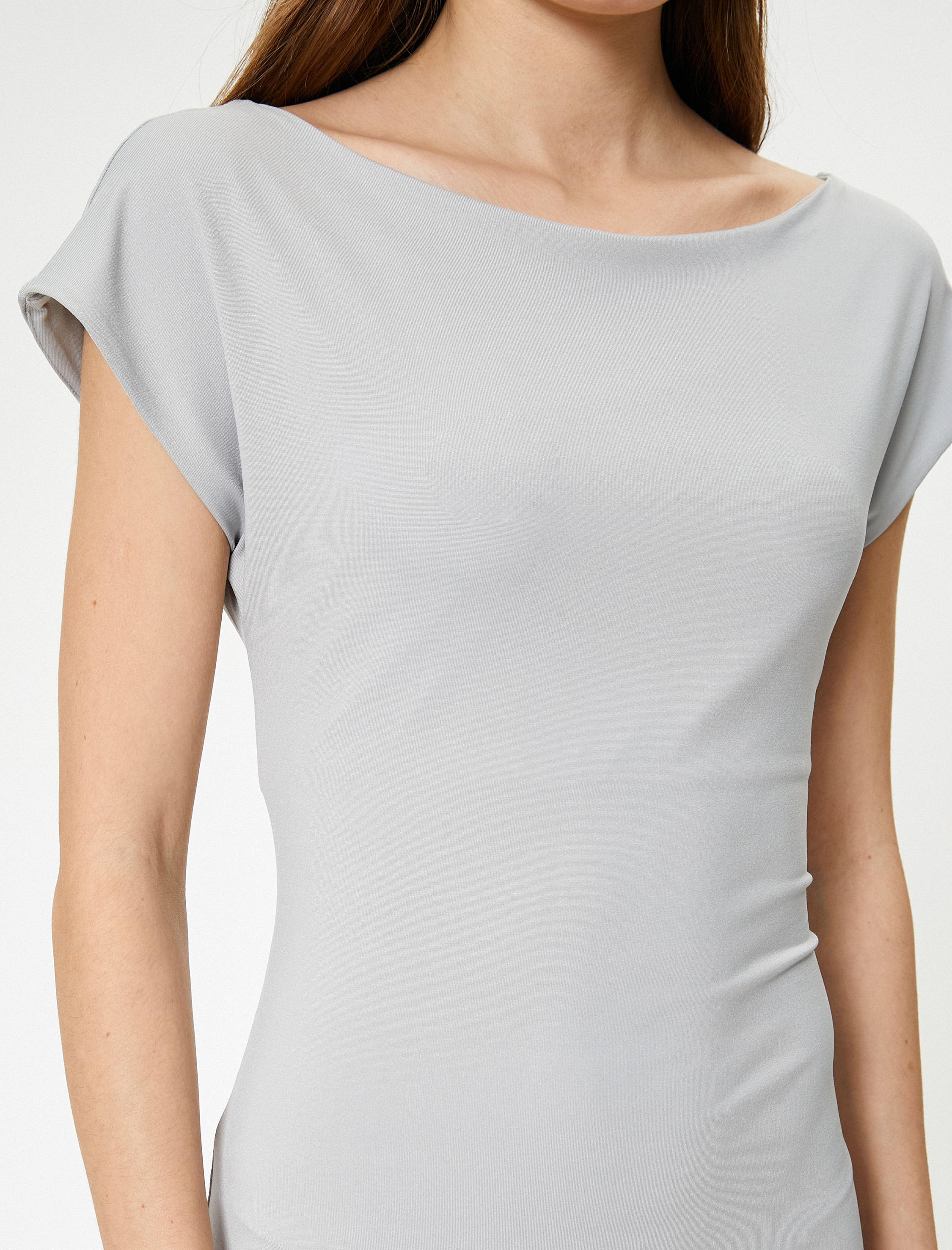   Kalem Elbise Midi Boy Slim Fit Kısa Kollu Kayık Yaka