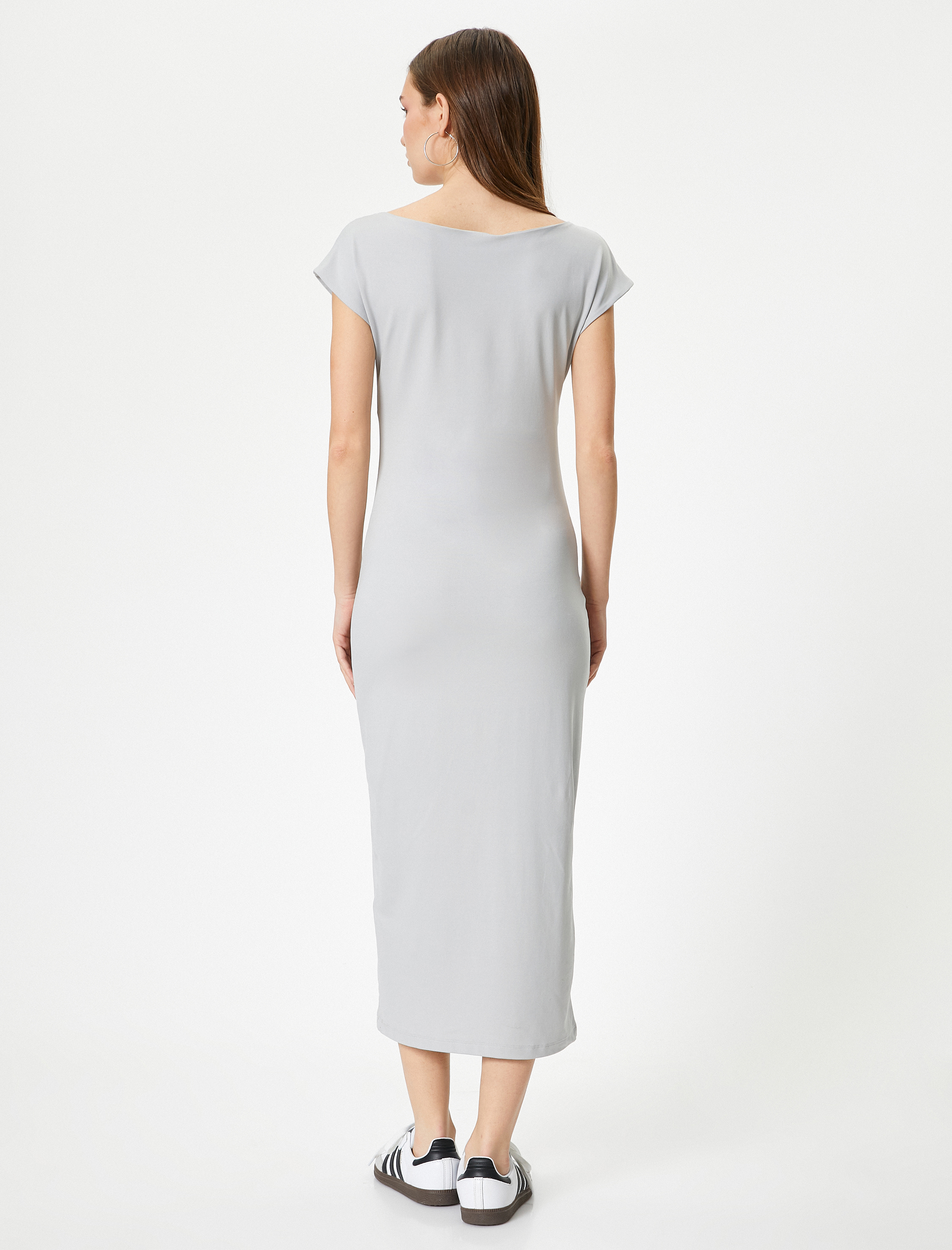   Kalem Elbise Midi Boy Slim Fit Kısa Kollu Kayık Yaka