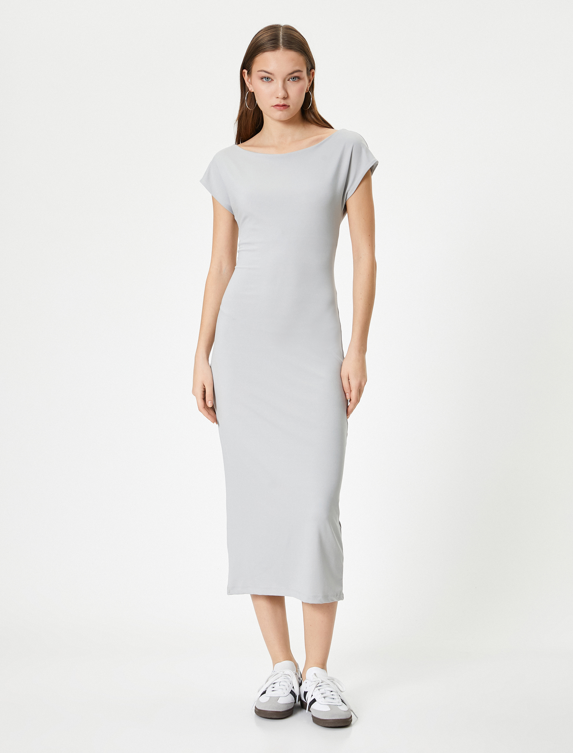   Kalem Elbise Midi Boy Slim Fit Kısa Kollu Kayık Yaka