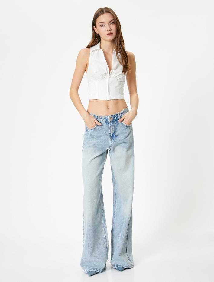  Kolsuz Crop Gömlek Fermuarlı Korse Görünümlü