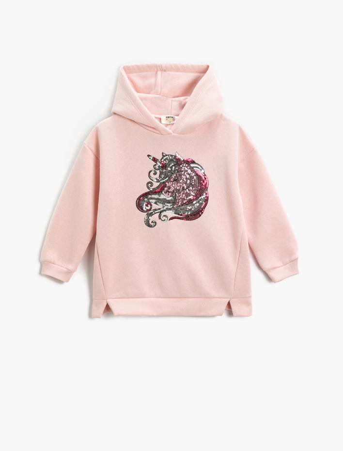 Kız Çocuk Kapşonlu Sweatshirt Unicorn Pul Payet İşlemeli Şardonlu