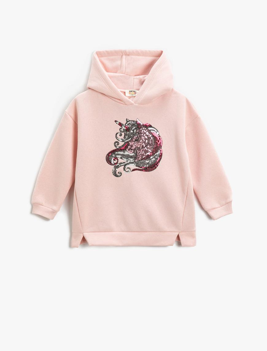  Kız Çocuk Kapşonlu Sweatshirt Unicorn Pul Payet İşlemeli Şardonlu