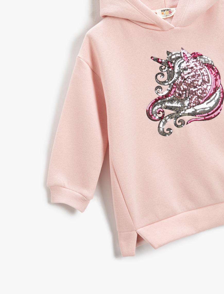  Kız Çocuk Kapşonlu Sweatshirt Unicorn Pul Payet İşlemeli Şardonlu