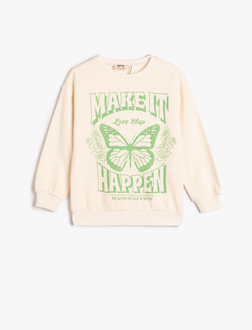  Kız Çocuk Kelebekli Sweatshirt Uzun Kollu Bisiklet Yaka Baskılı