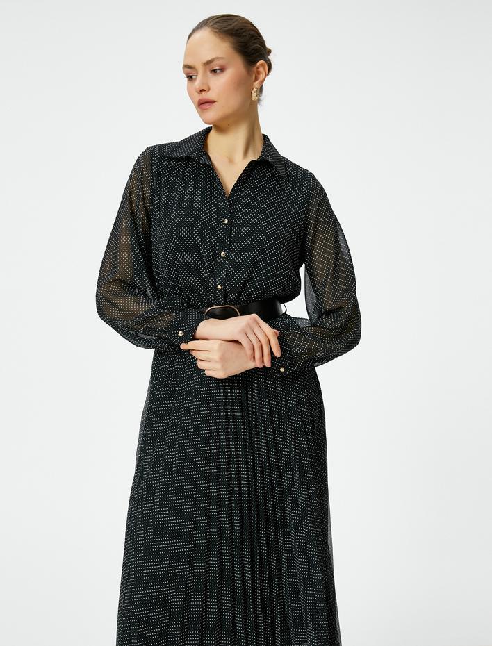  Puantiyeli Şifon Elbise Midi Pileli Uzun Kollu Düğmeli Kemerli