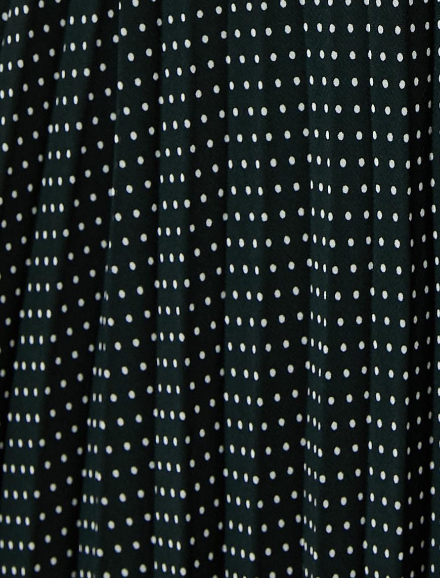   Puantiyeli Şifon Elbise Midi Pileli Uzun Kollu Düğmeli Kemerli